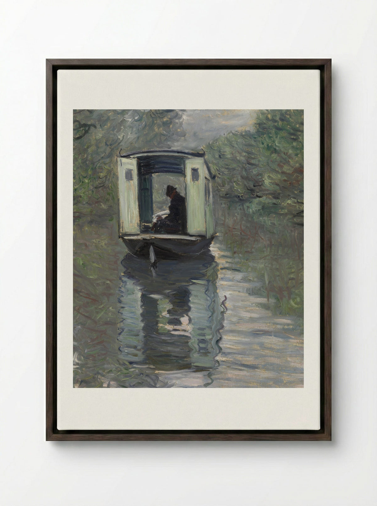 The Studio Boat (Le Bateau-atelier) - Claude Monet - Framed Canvas Dark Wood