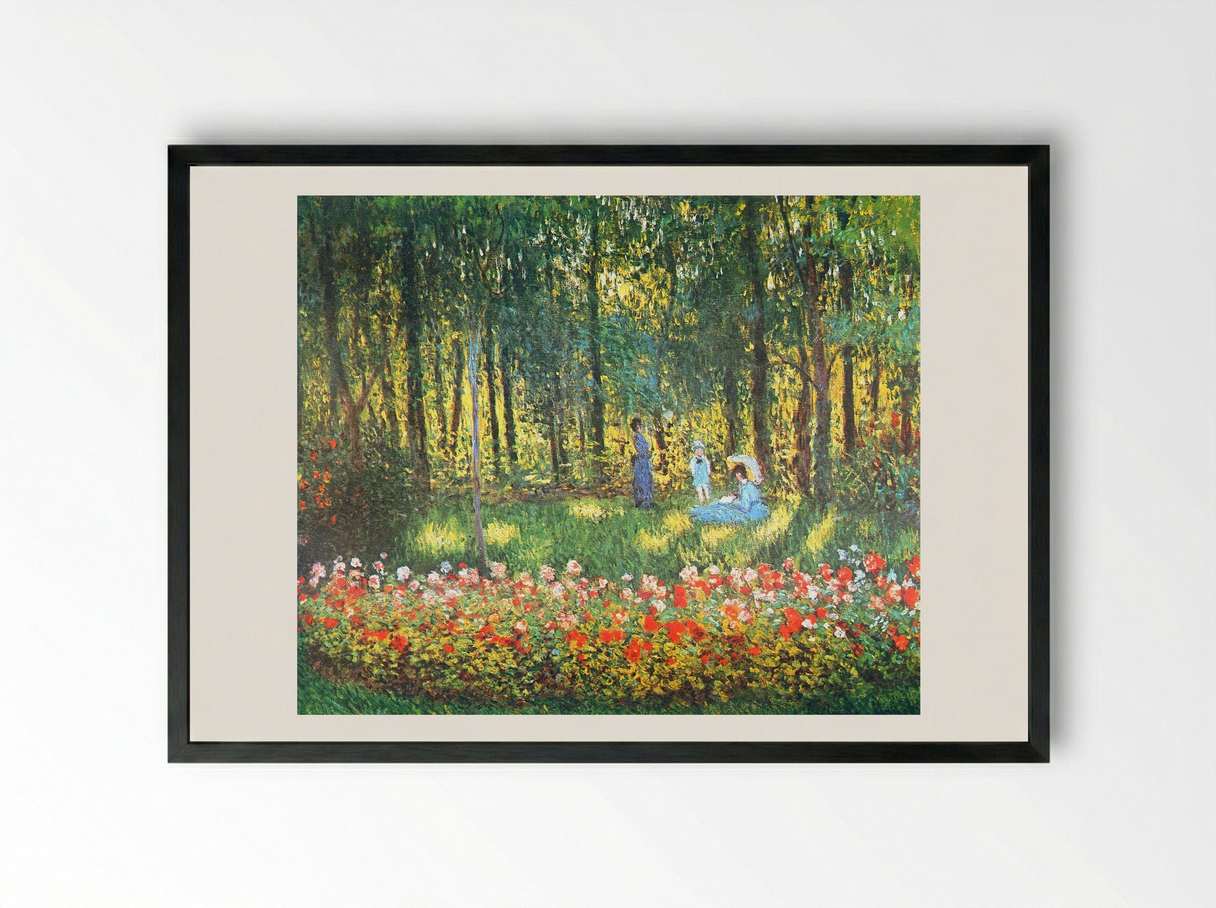 The Artist's Family in the Garden at Argenteuil - Claude Monet - Framed Print Black