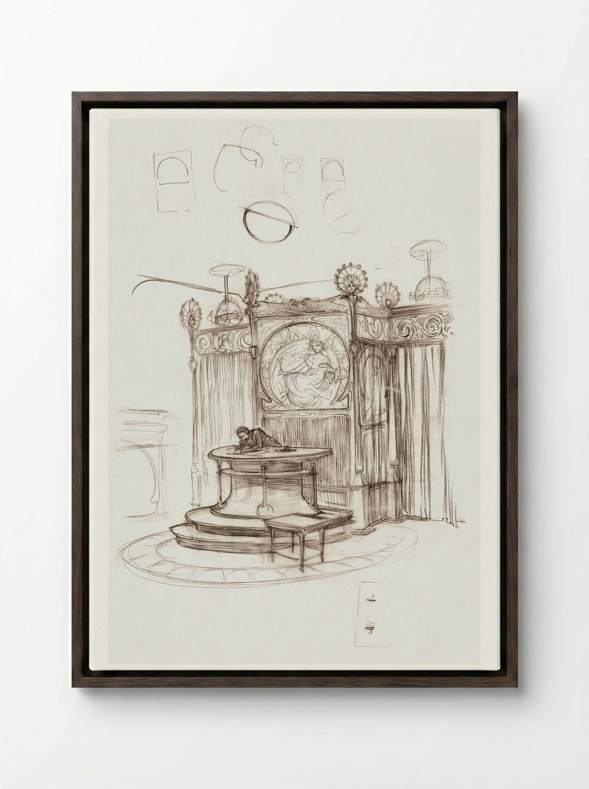 Sketch of an Office Interior - Alphonse Mucha - Framed Canvas Dark Wood