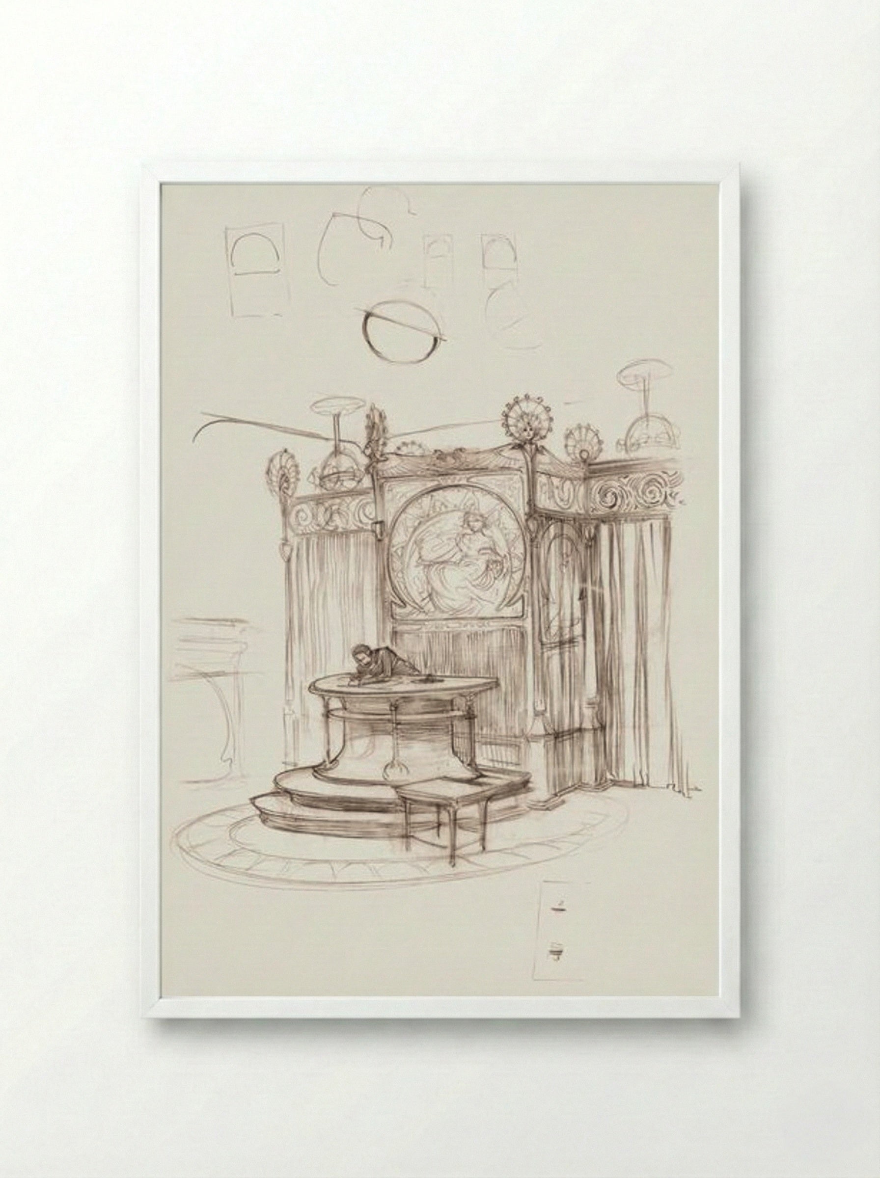 Sketch of an Office Interior - Alphonse Mucha - Framed Print White