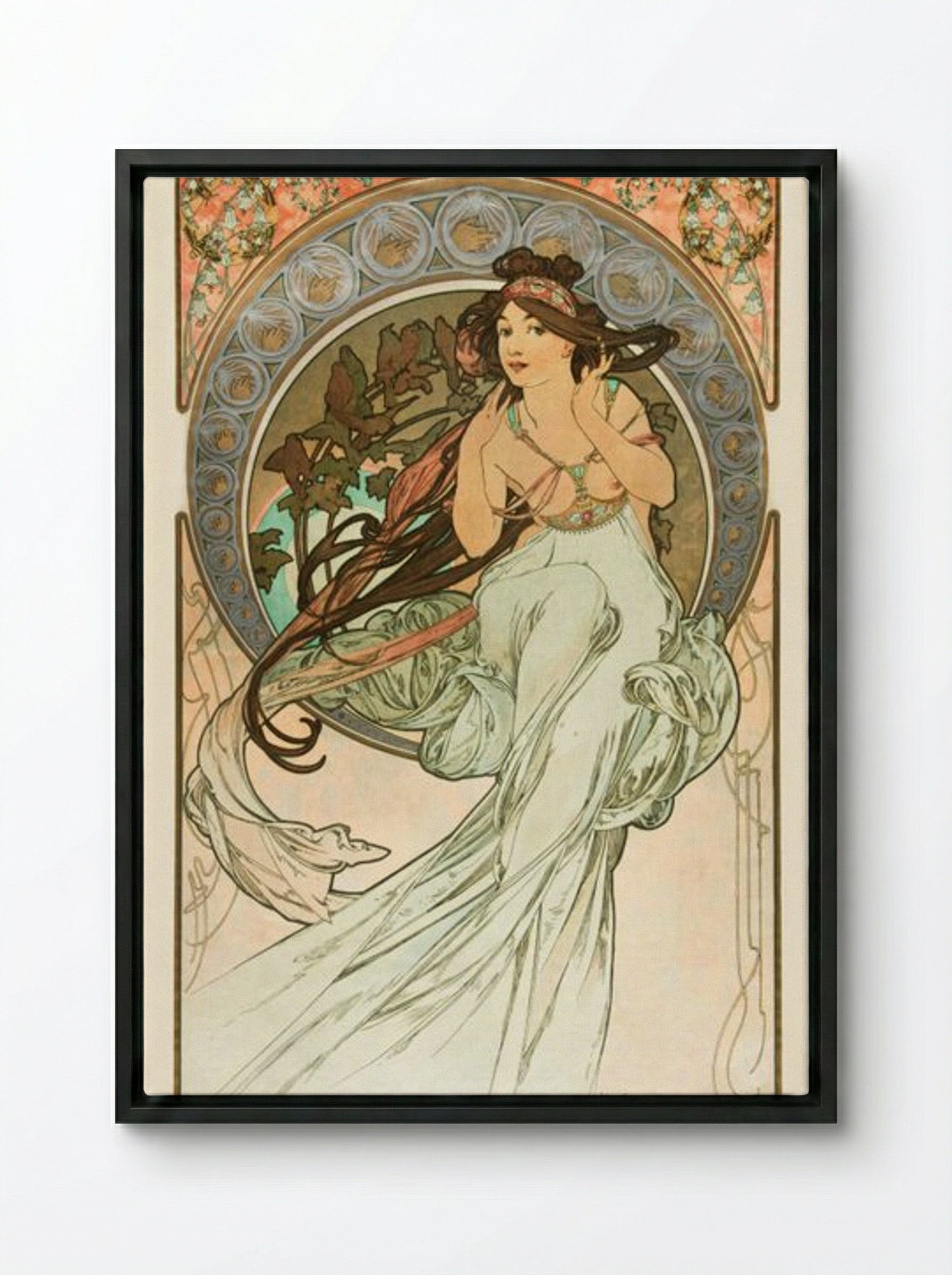 Music, from 'Les Arts' - Alphonse Mucha - Framed Canvas Black