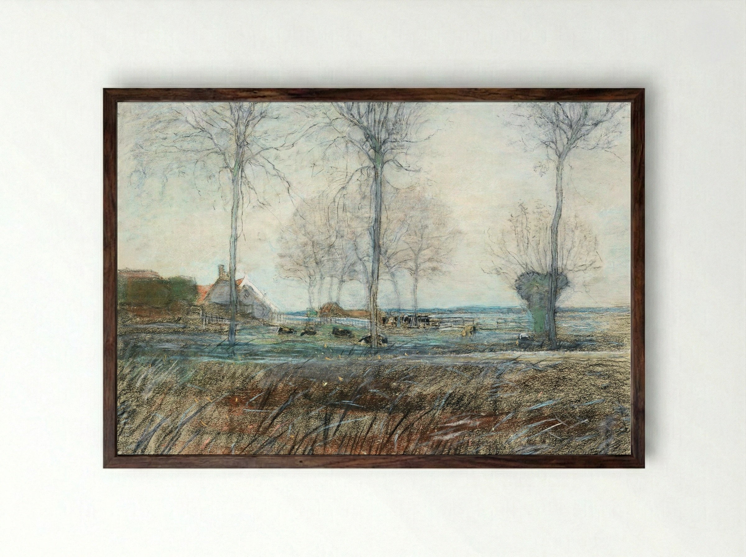 Farm Setting, Three Tall Trees in the Foreground - Piet Mondrian - Framed Print Dark Wood