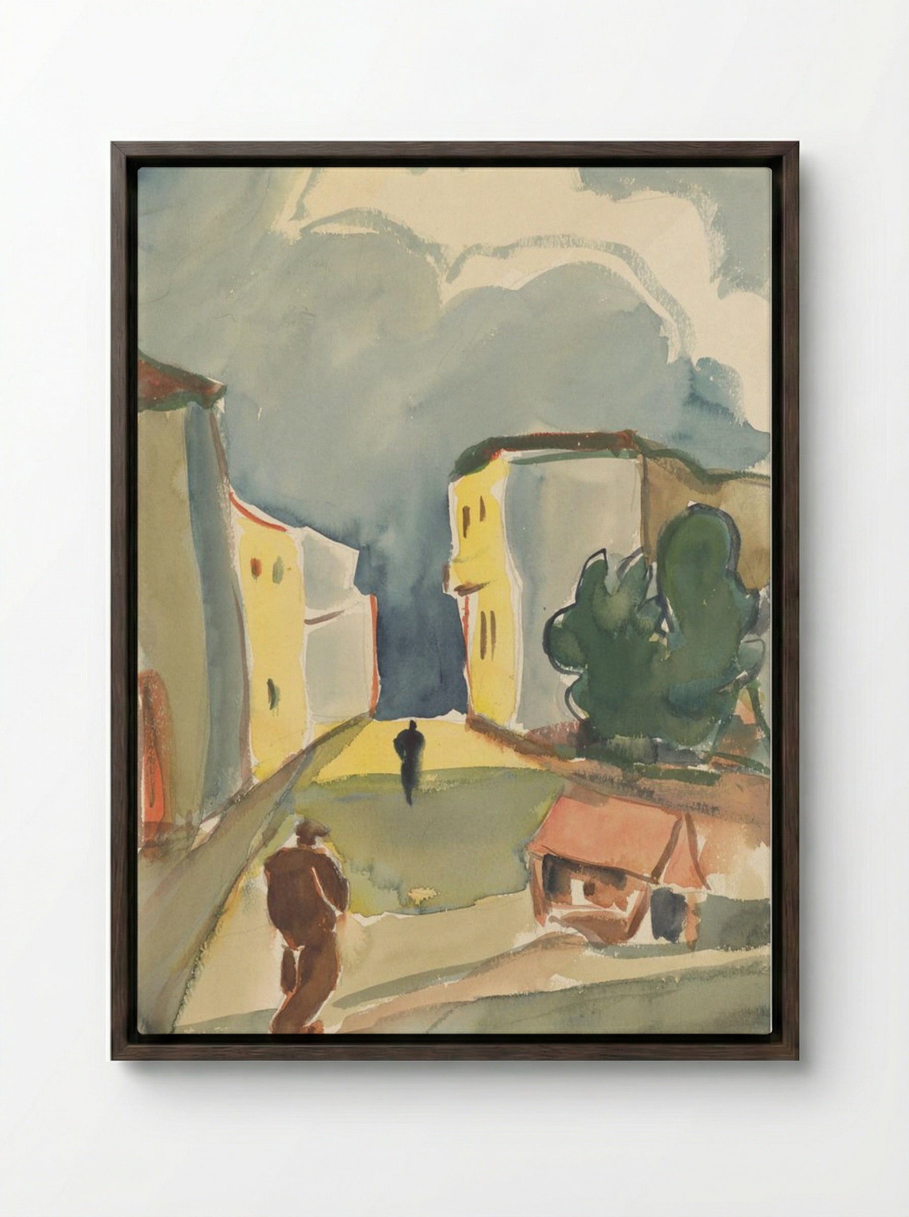 Two Pedestrians in a Townscape - Zolo Palugyay - Framed Canvas Dark Wood