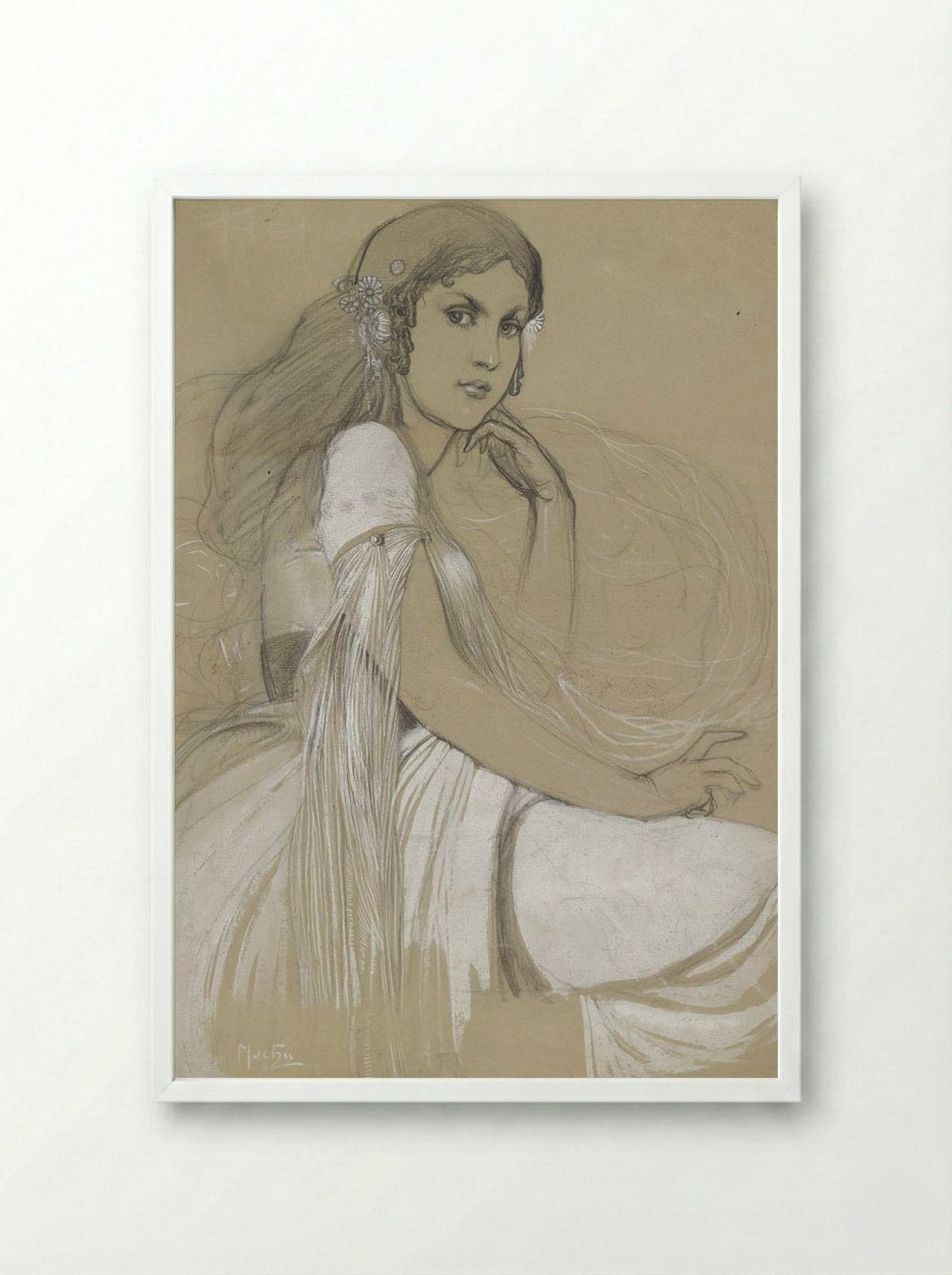 Study of Jaroslava Mucha, the Artist's Daughter - Alphonse Mucha - Framed Print White