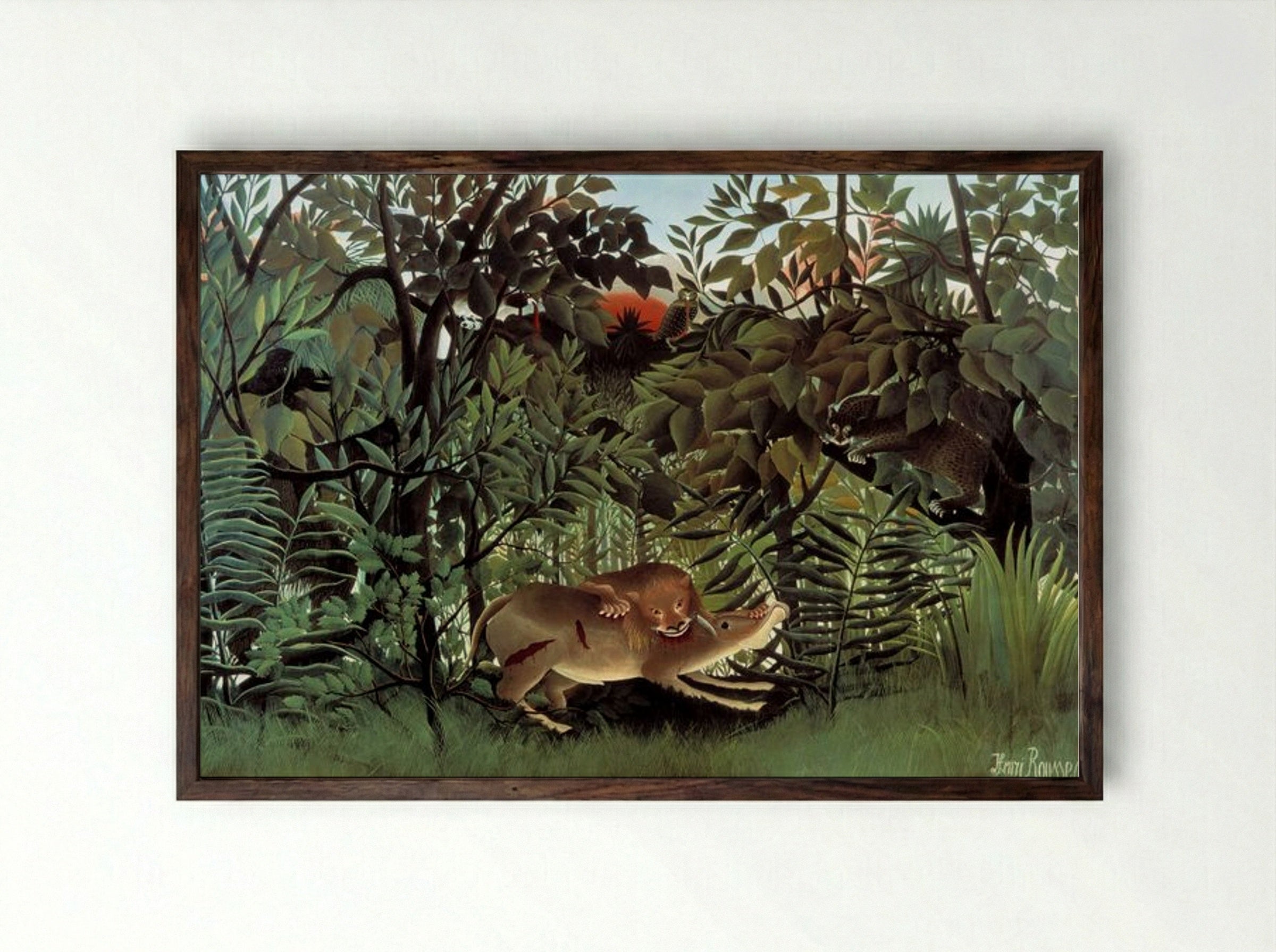 The Hungry Lion Throws Itself on the Antelope - Henri Rousseau - Framed Print Dark Wood