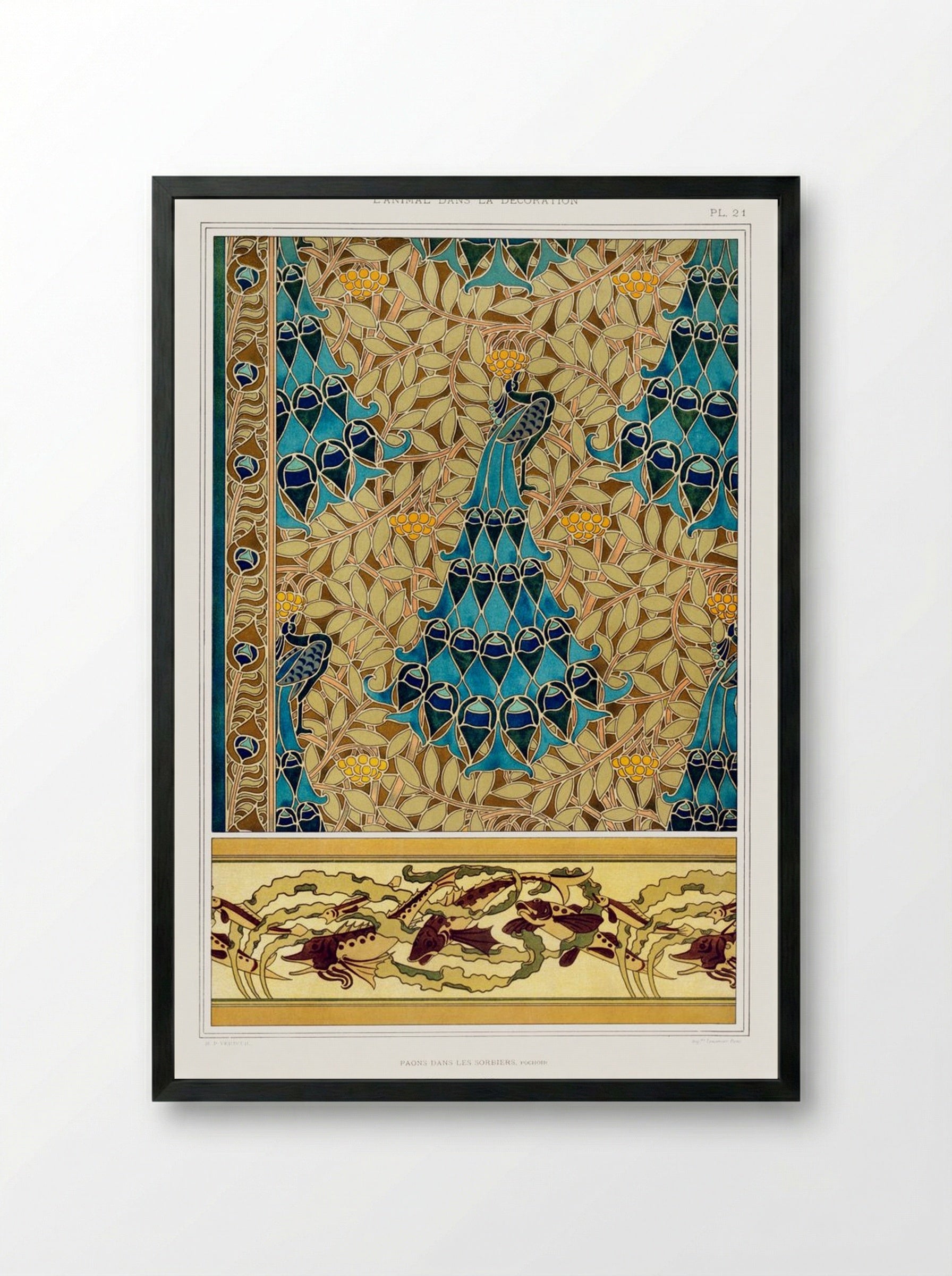 Paons dans les Sorbiers, Poissons et Algues - Maurice Pillard Verneuil - Framed Print Black