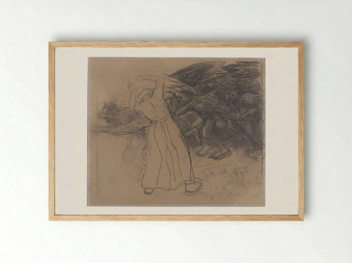 Standing Woman Encouraging a Marching Group of Men - Käthe Kollwitz - Framed Print Wood