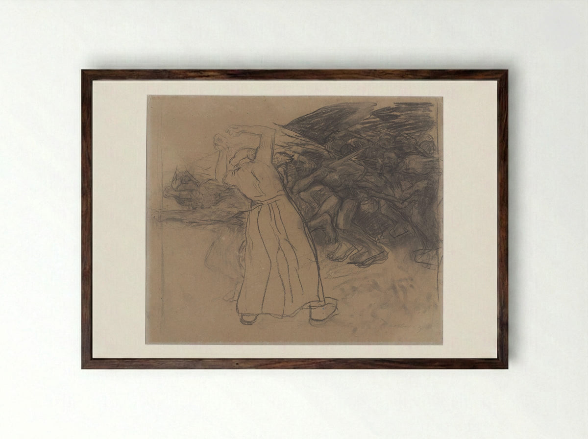 Standing Woman Encouraging a Marching Group of Men - Käthe Kollwitz - Framed Print Dark Wood