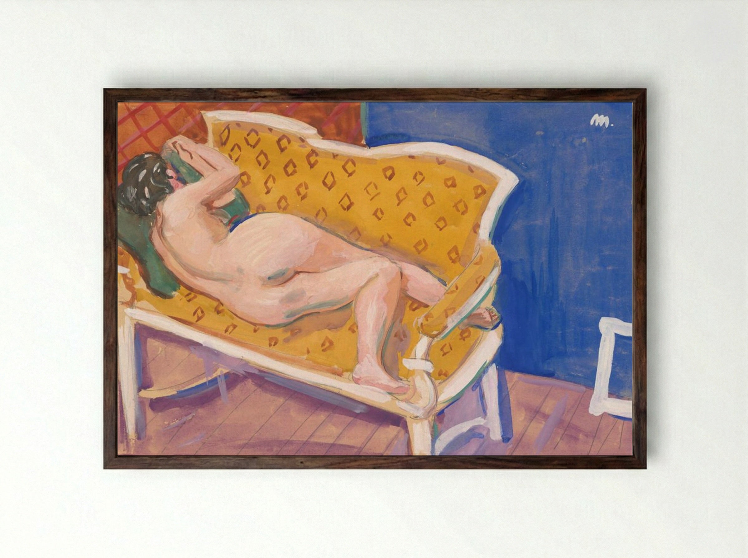 Reclining Nude on Yellow Sofa - Cyprián Majerník - Framed Print Dark Wood