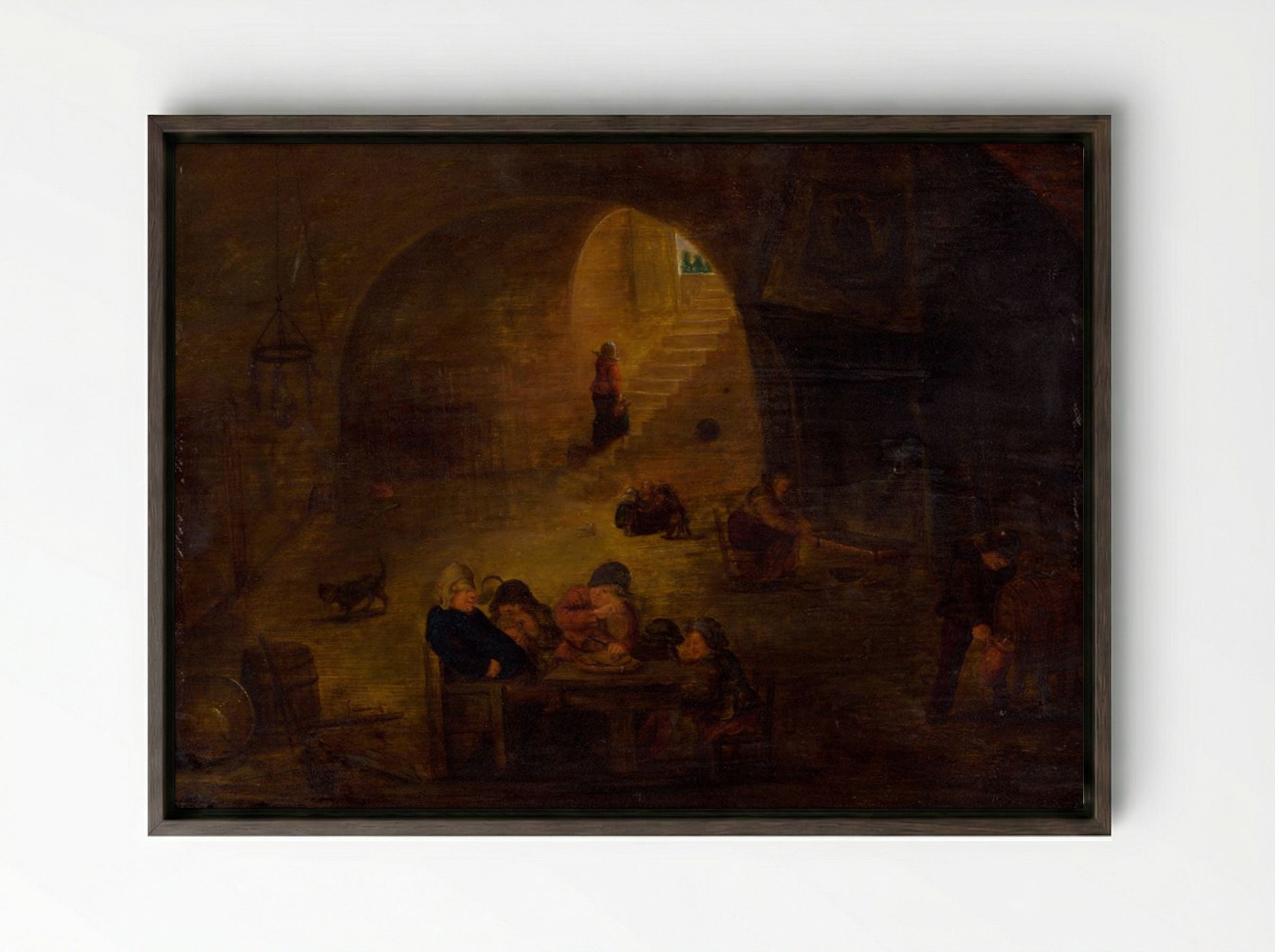 In the Wine Cellar - David Teniers the Younger - Framed Canvas Dark Wood