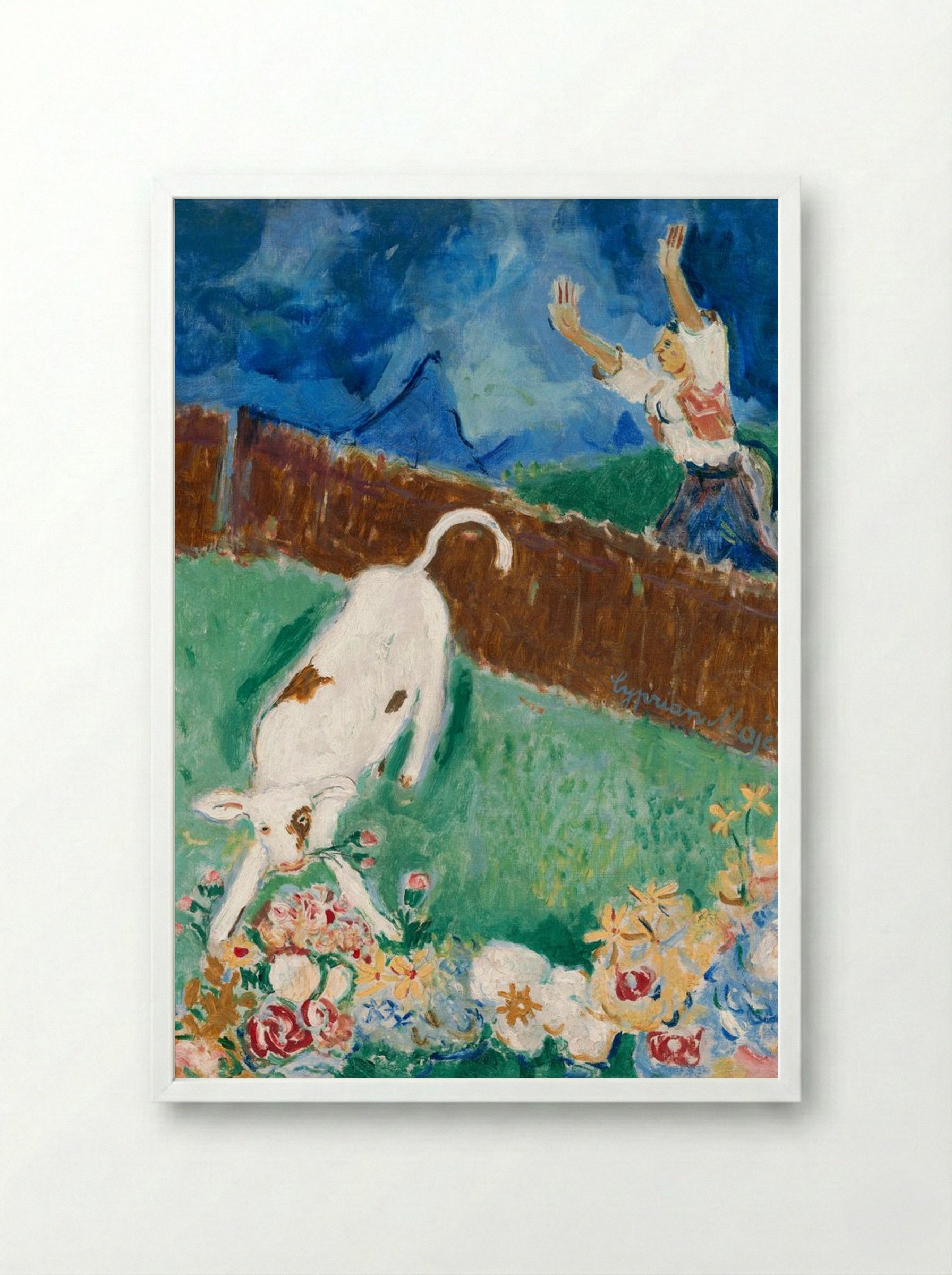 Calf in a Meadow - Cyprián Majerník - Framed Print White