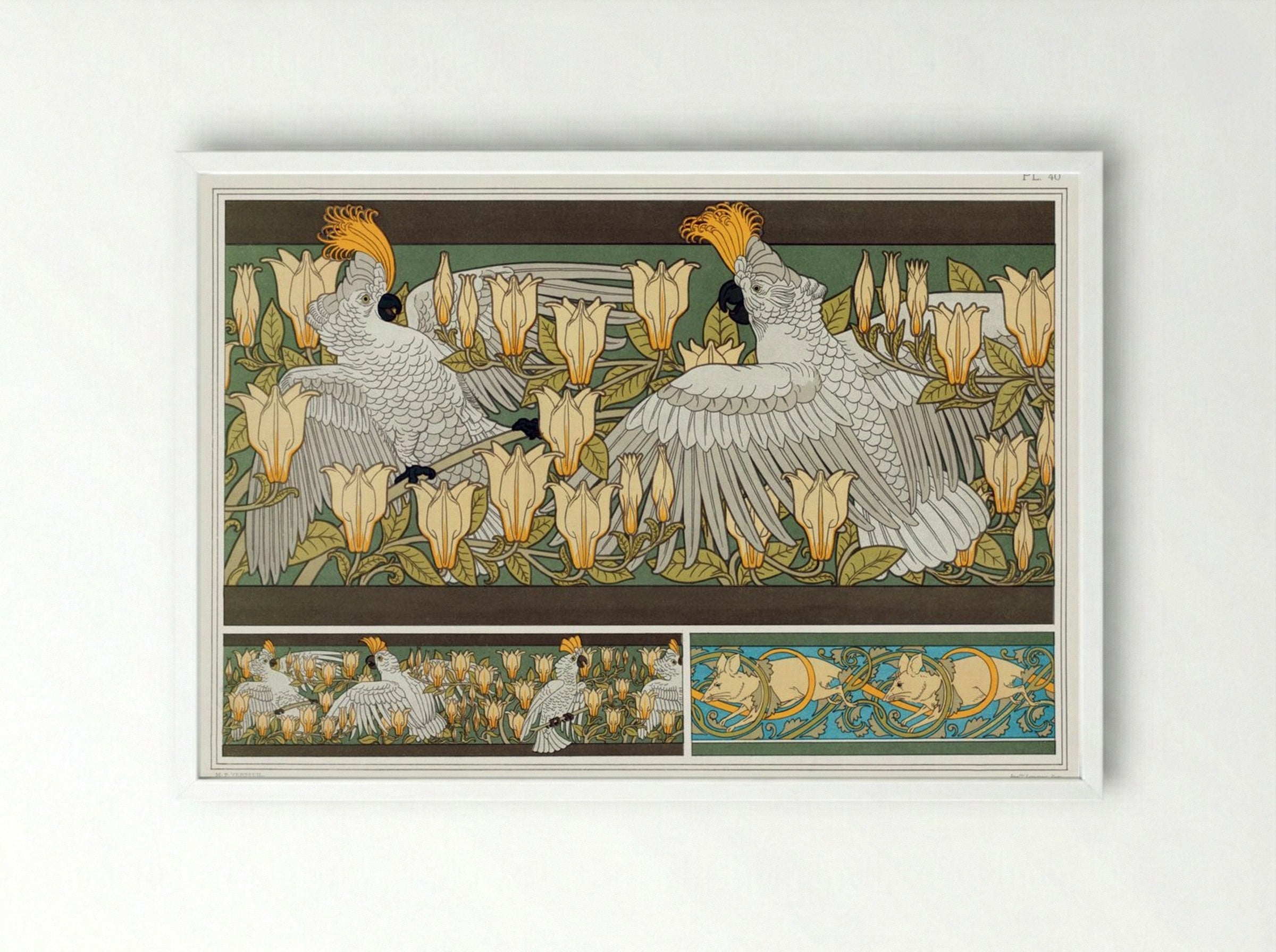 Cacatoès et Magnolia, Bordure; Souris Blanches - Maurice Pillard Verneuil - Framed Print White