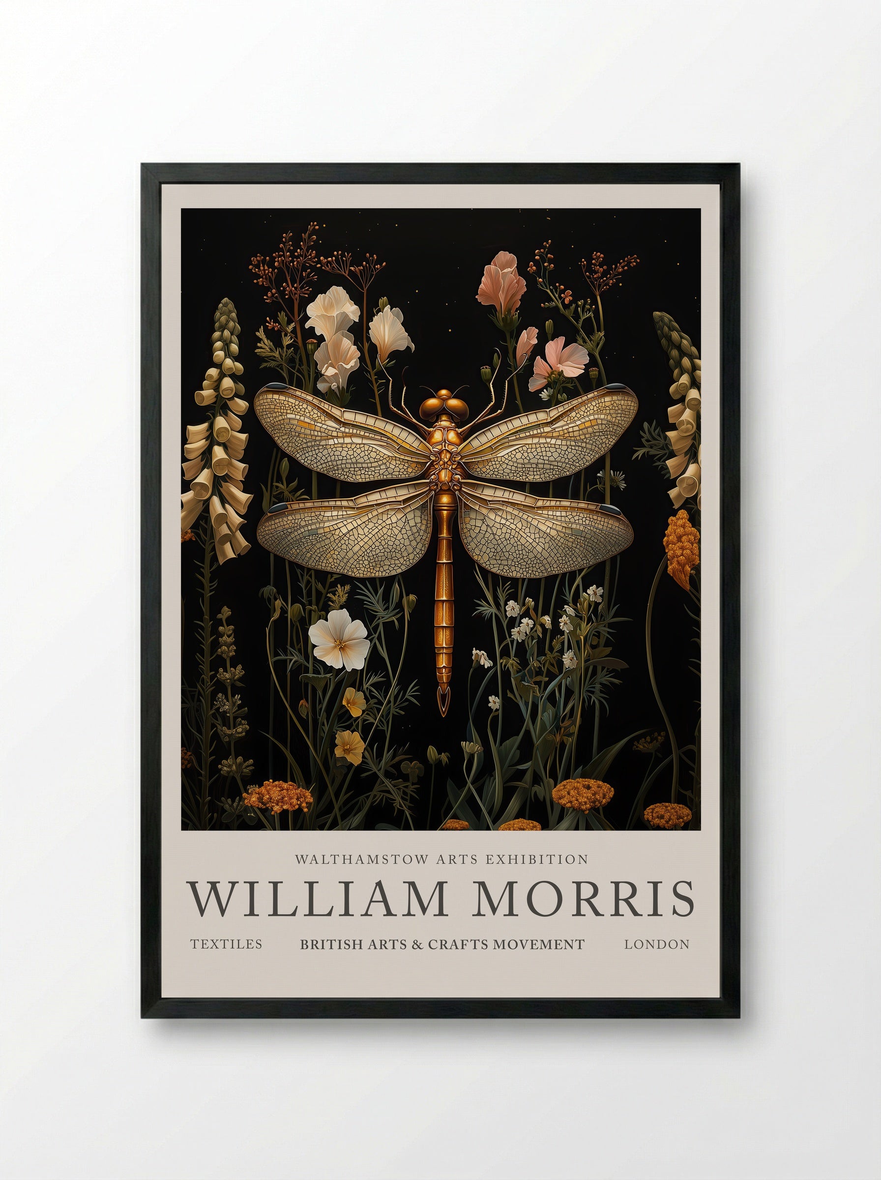 Dragonfly Gleam - William Morris - Framed Print Black