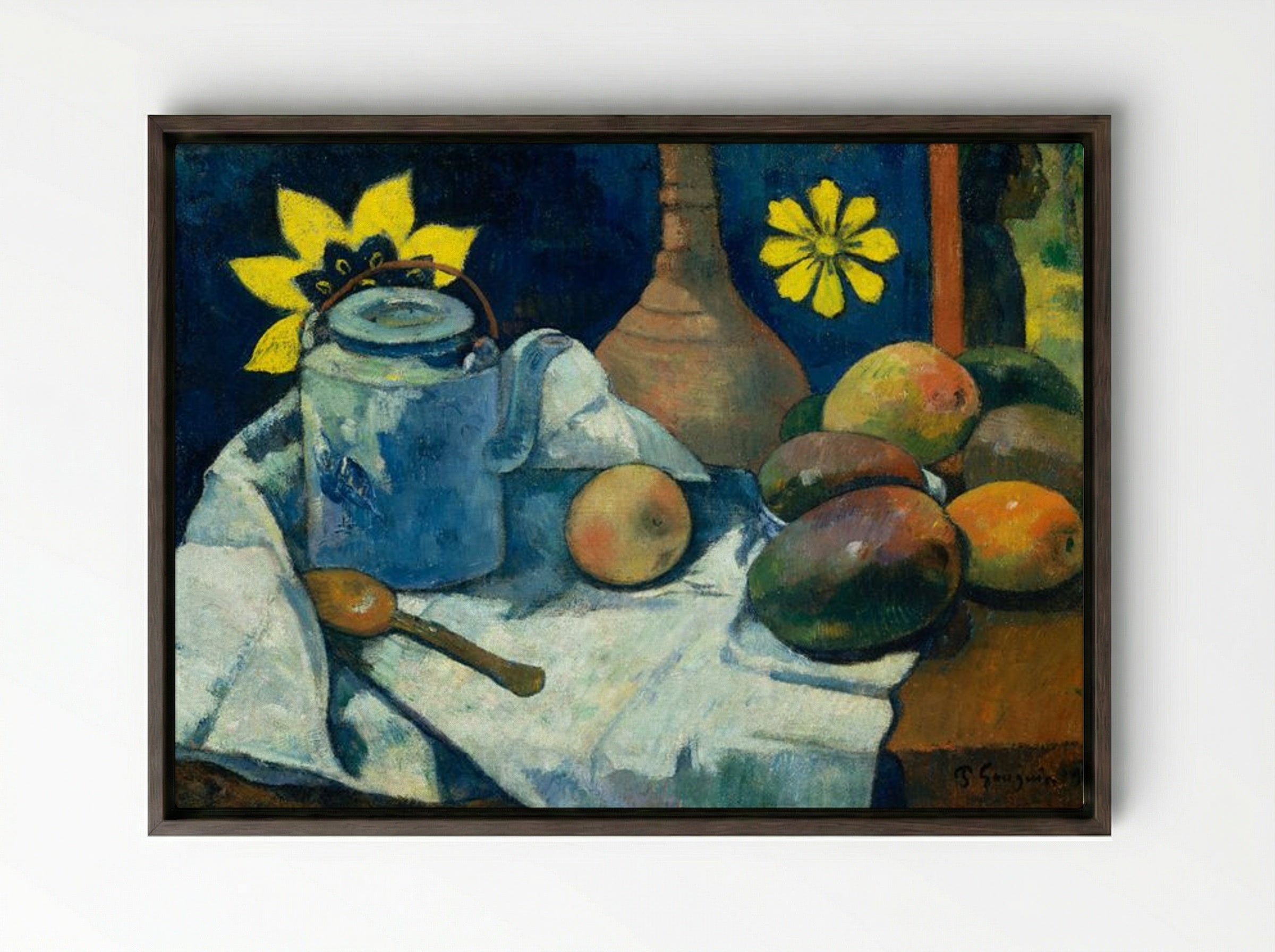 Still Life with Teapot and Fruit - Paul Gauguin - Framed Canvas Dark Wood