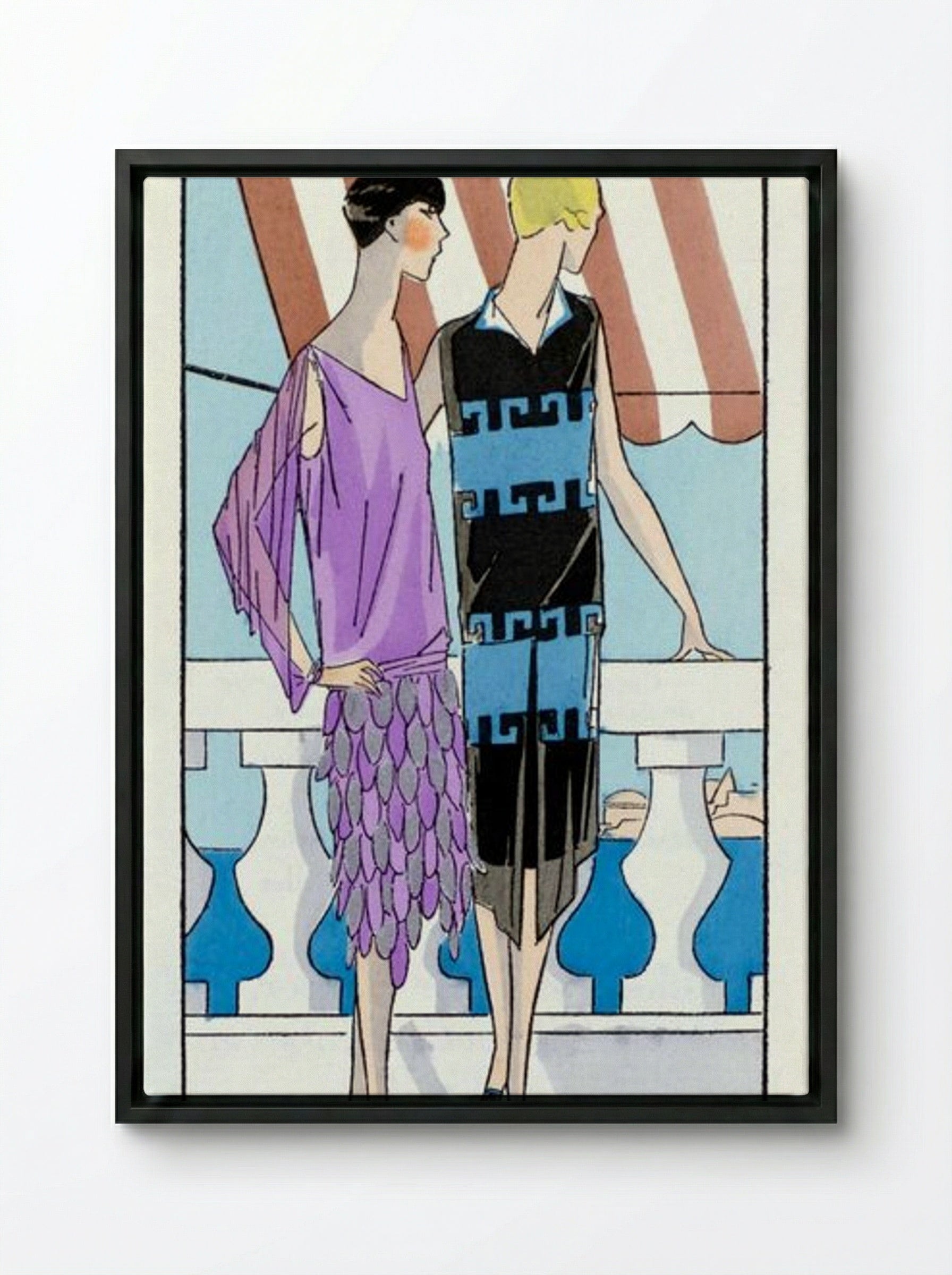 Two Women in Summer Dresses on a Terrace - Brandt and Philippe et Gaston - Framed Canvas Black