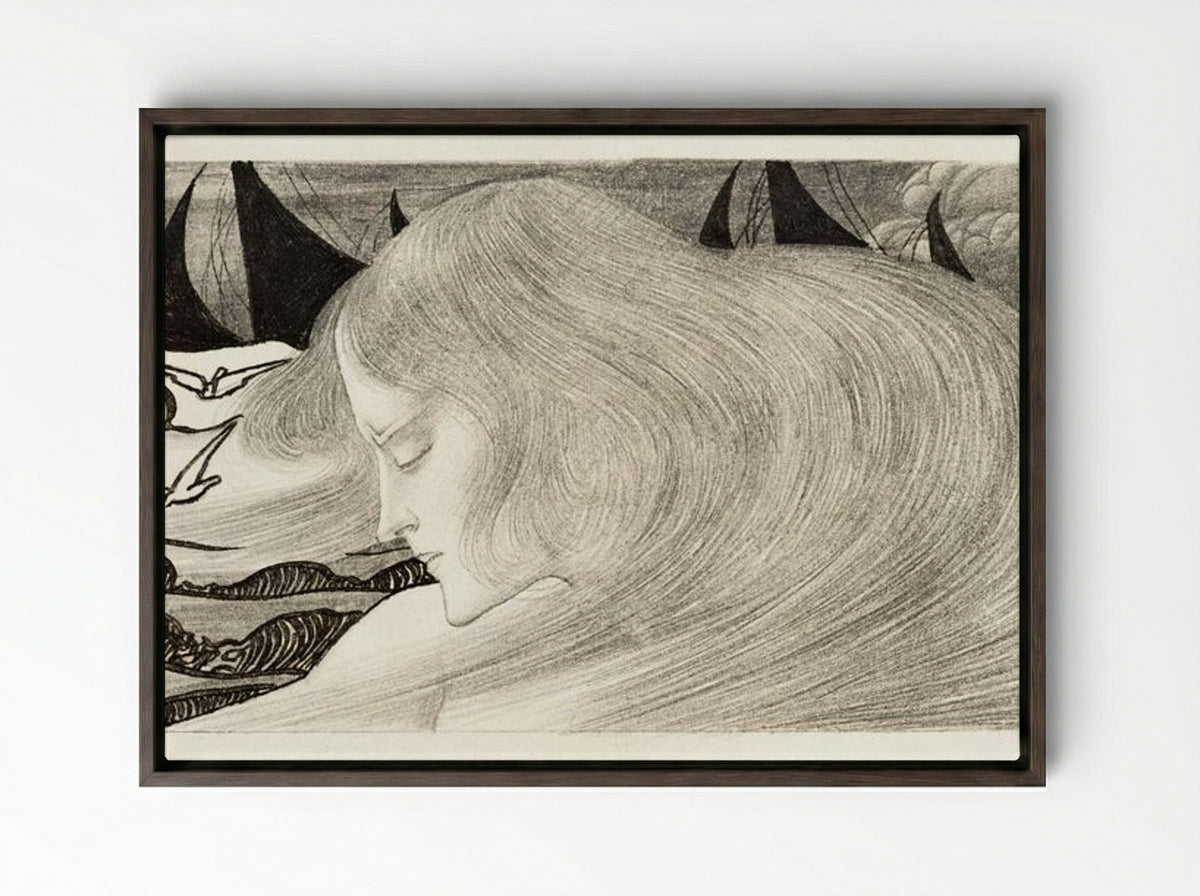 Young Woman with Wavy Hair in Front of a Sea with Ships - Jan Toorop - Framed Canvas Dark Wood