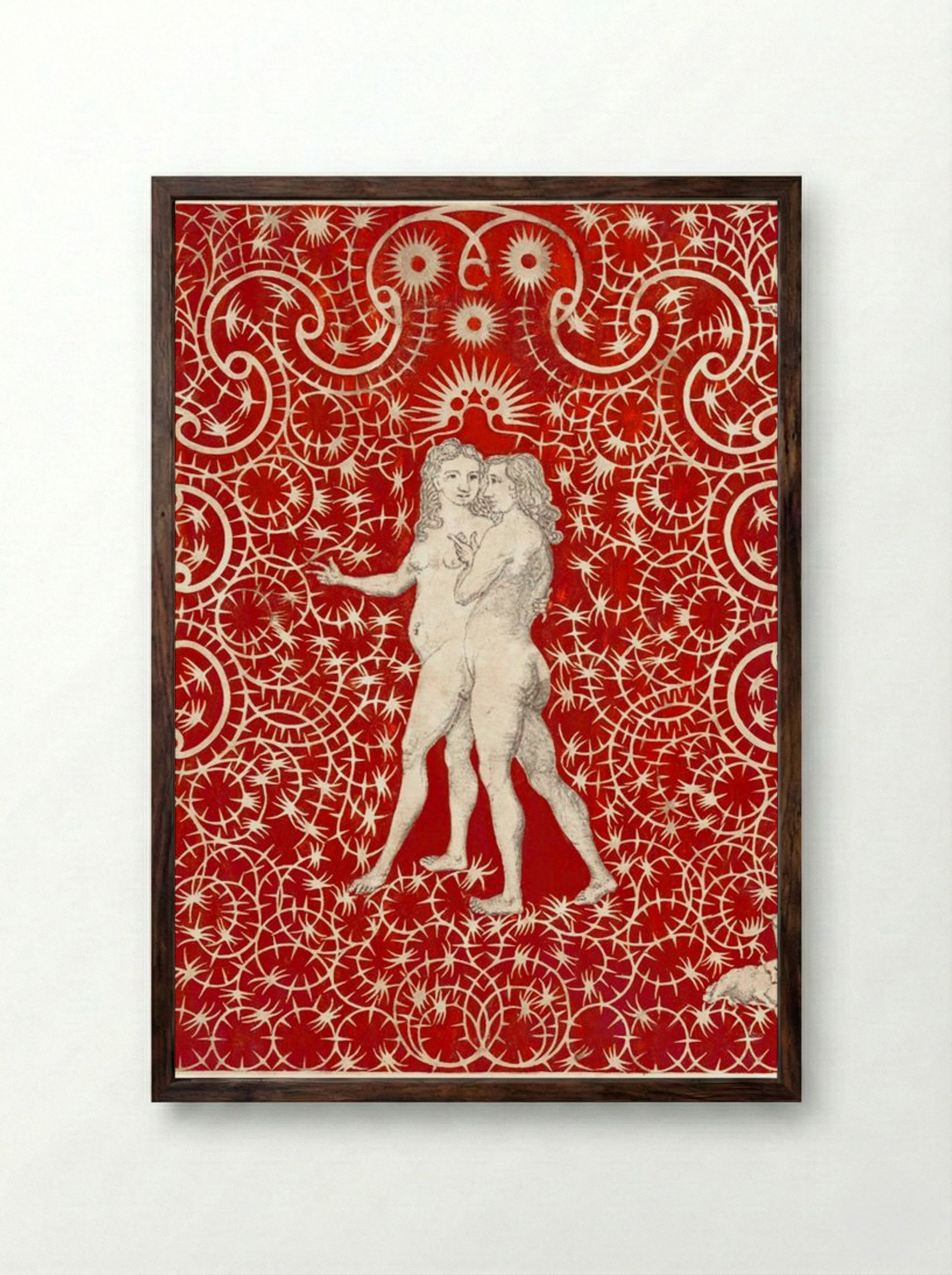 Adam and Eve in the Garden with a Pair of Sheep and a Pair of Doves - Fine Art Print - Framed Print Dark Wood