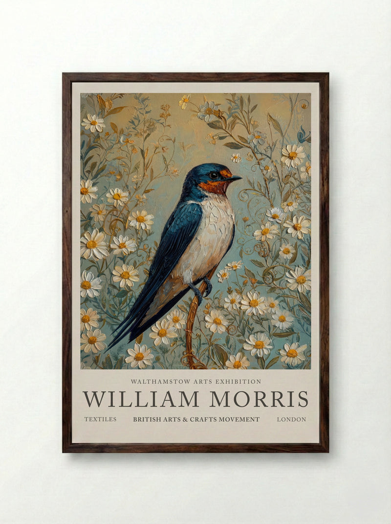 Barn Swallow Symphony - William Morris - Framed Print Dark Wood