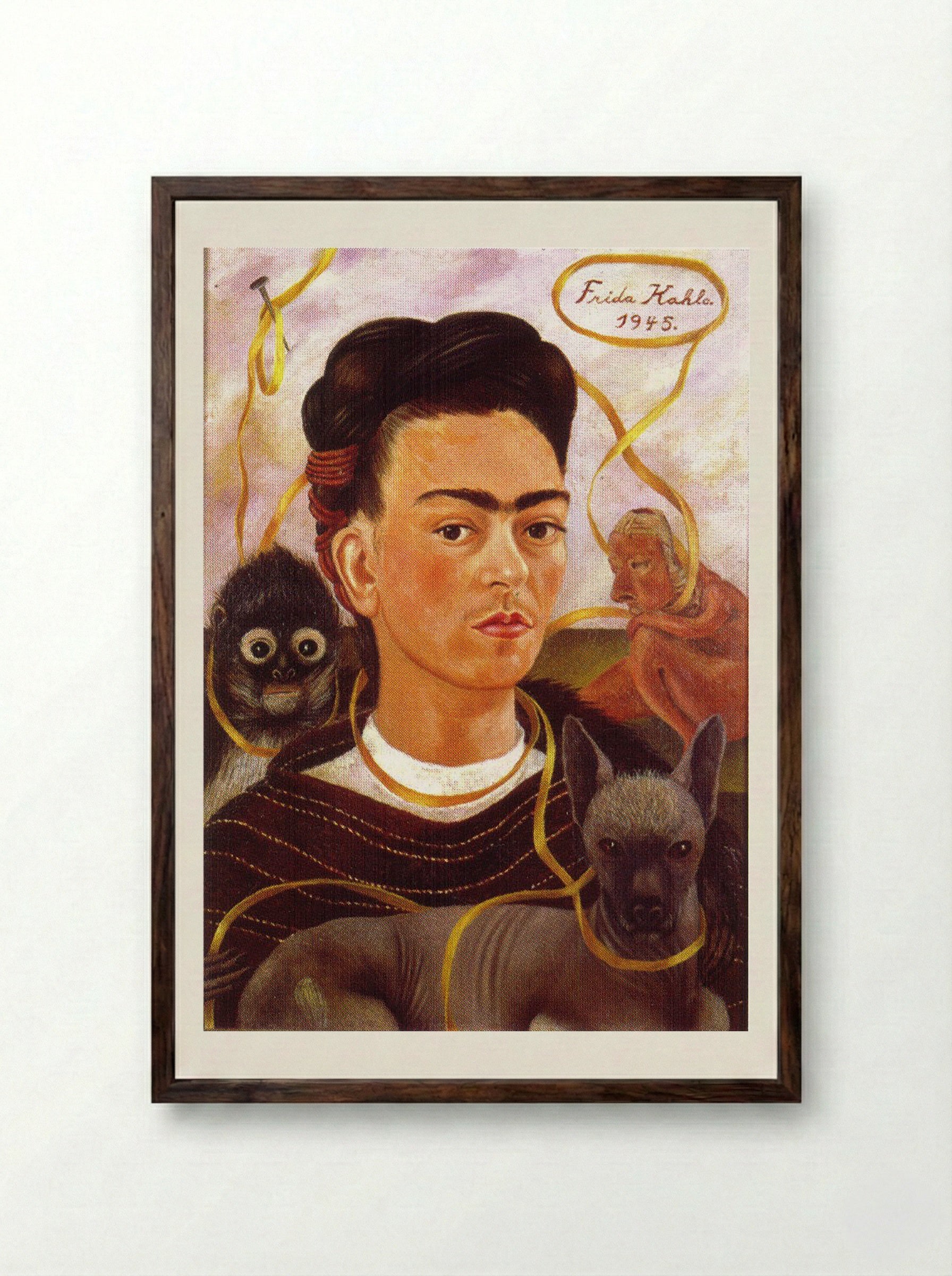 Self-Portrait with Small Monkey - Frida Kahlo - Framed Print Dark Wood
