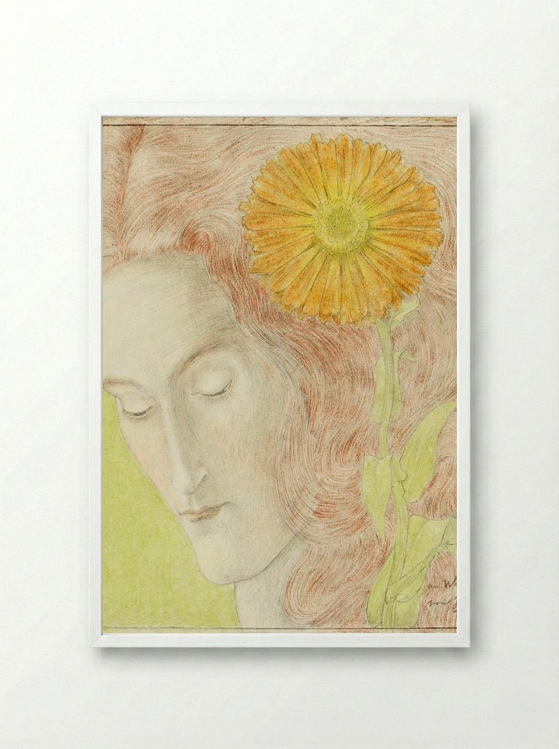 Woman's Head with Red Hair and Chrysanthemum - Jan Toorop - Framed Print White
