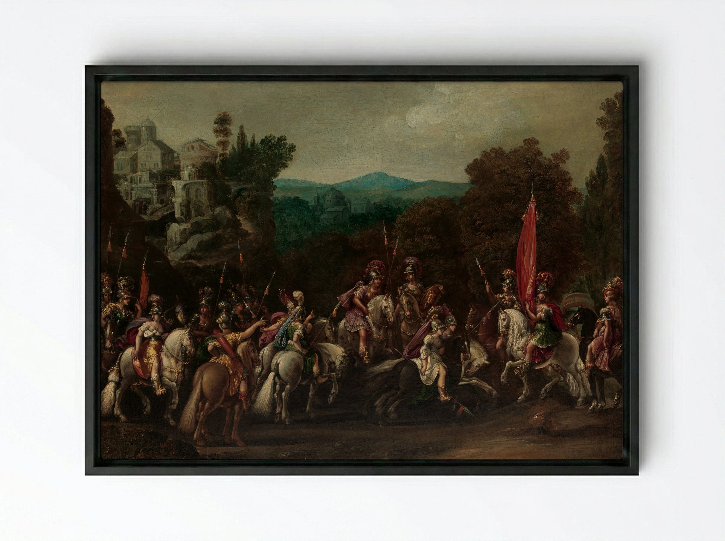 Departure of the Amazons - Johann Heinrich Schönfeld - Framed Canvas Black