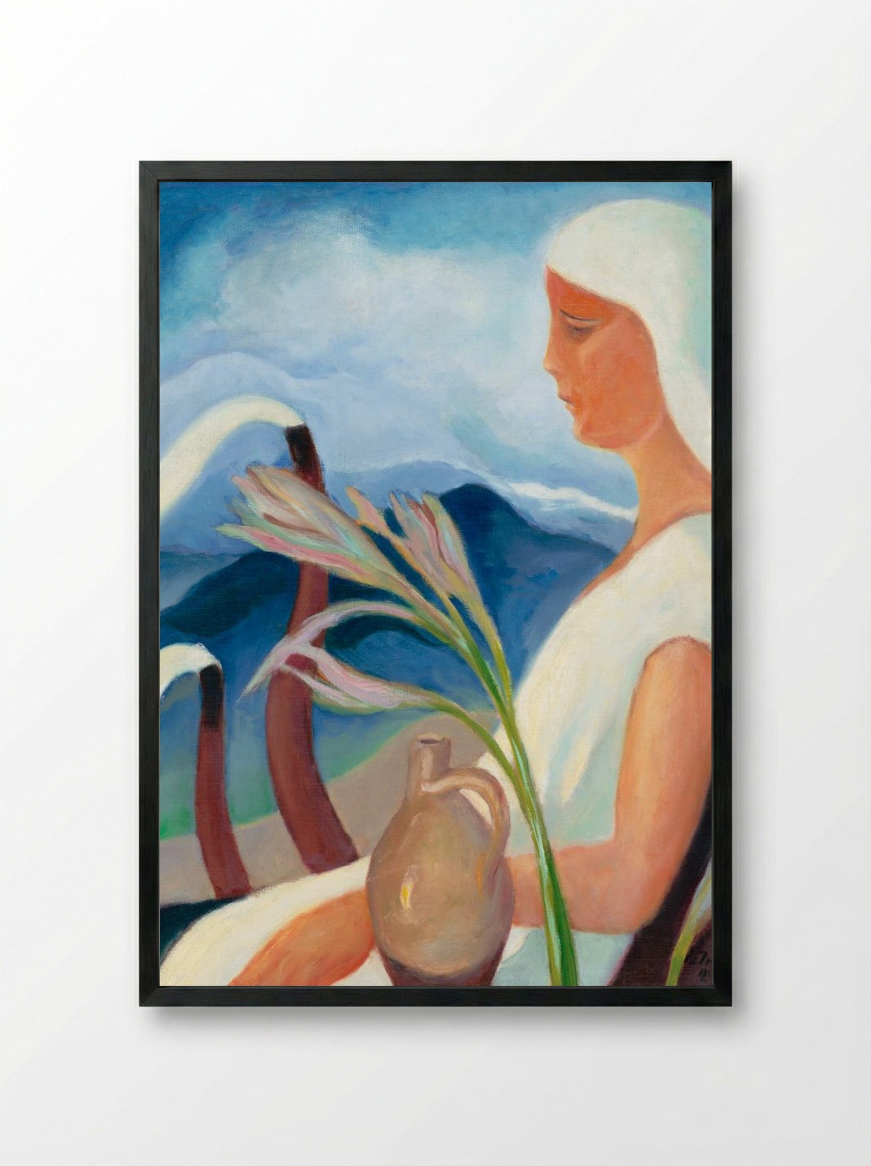 Girl in White with Factory Chimneys and Flowers - Zolo Palugyay - Framed Print Black