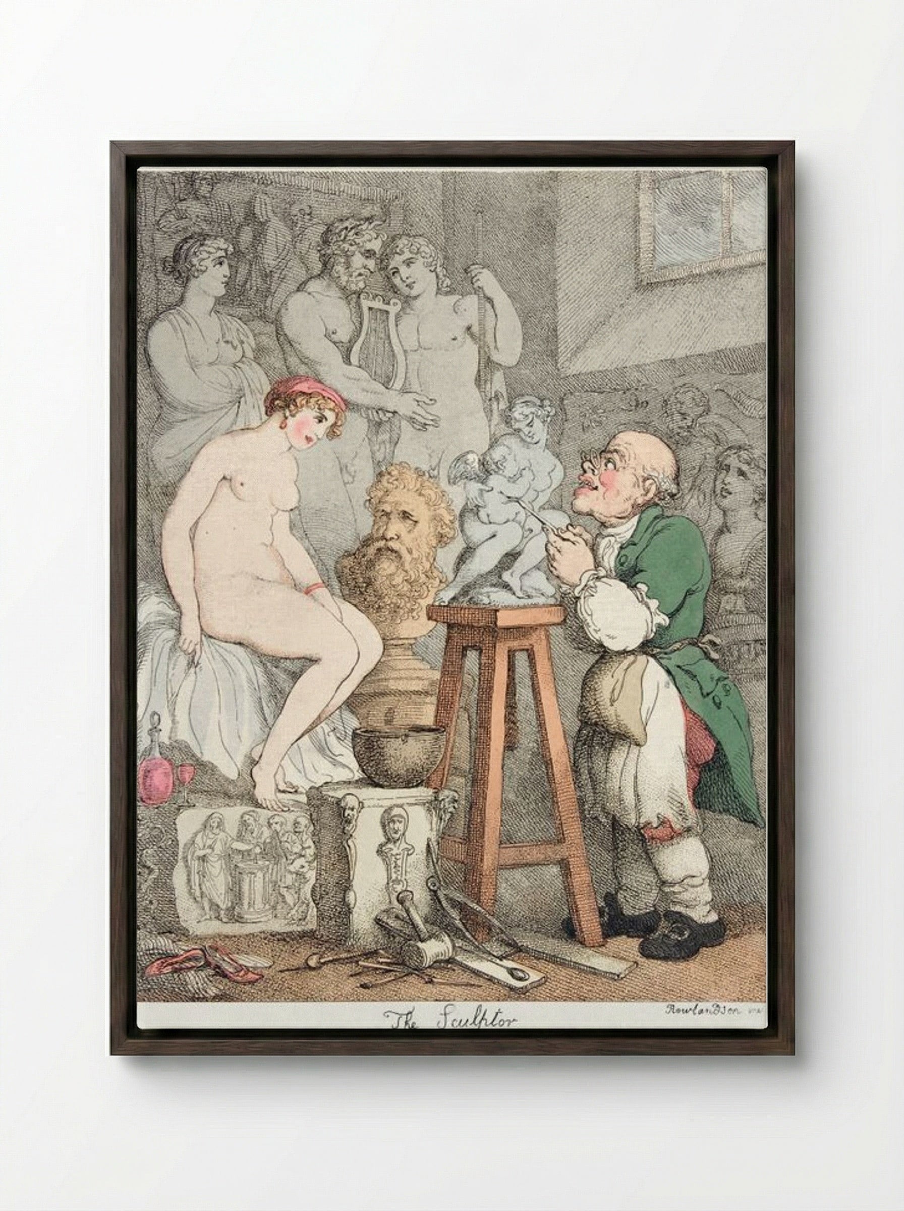 The Sculptor, Preparations for the Academy: Old Joseph Nollekens and his Venus - Thomas Rowlandson - Framed Canvas Dark Wood