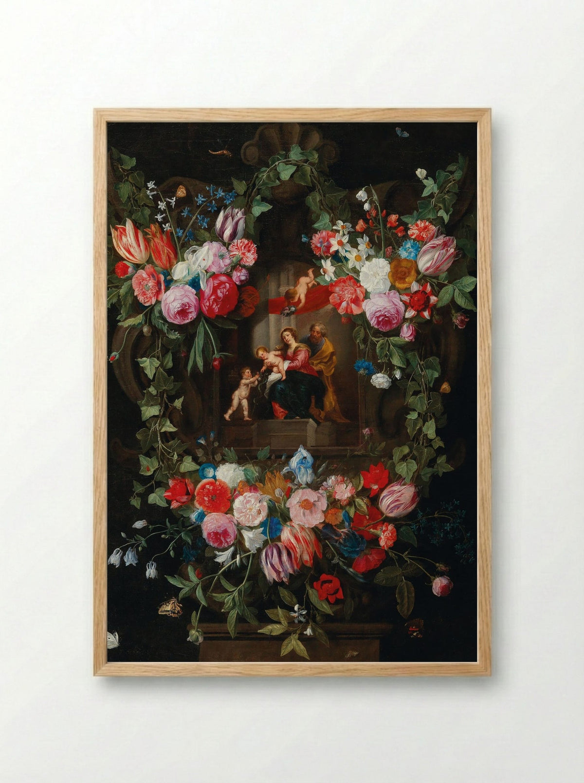 A Wreath of Flowers Surrounding a Cartouche with the Holy Family and Putti - Jan van Kessel the Elder - Framed Print Wood