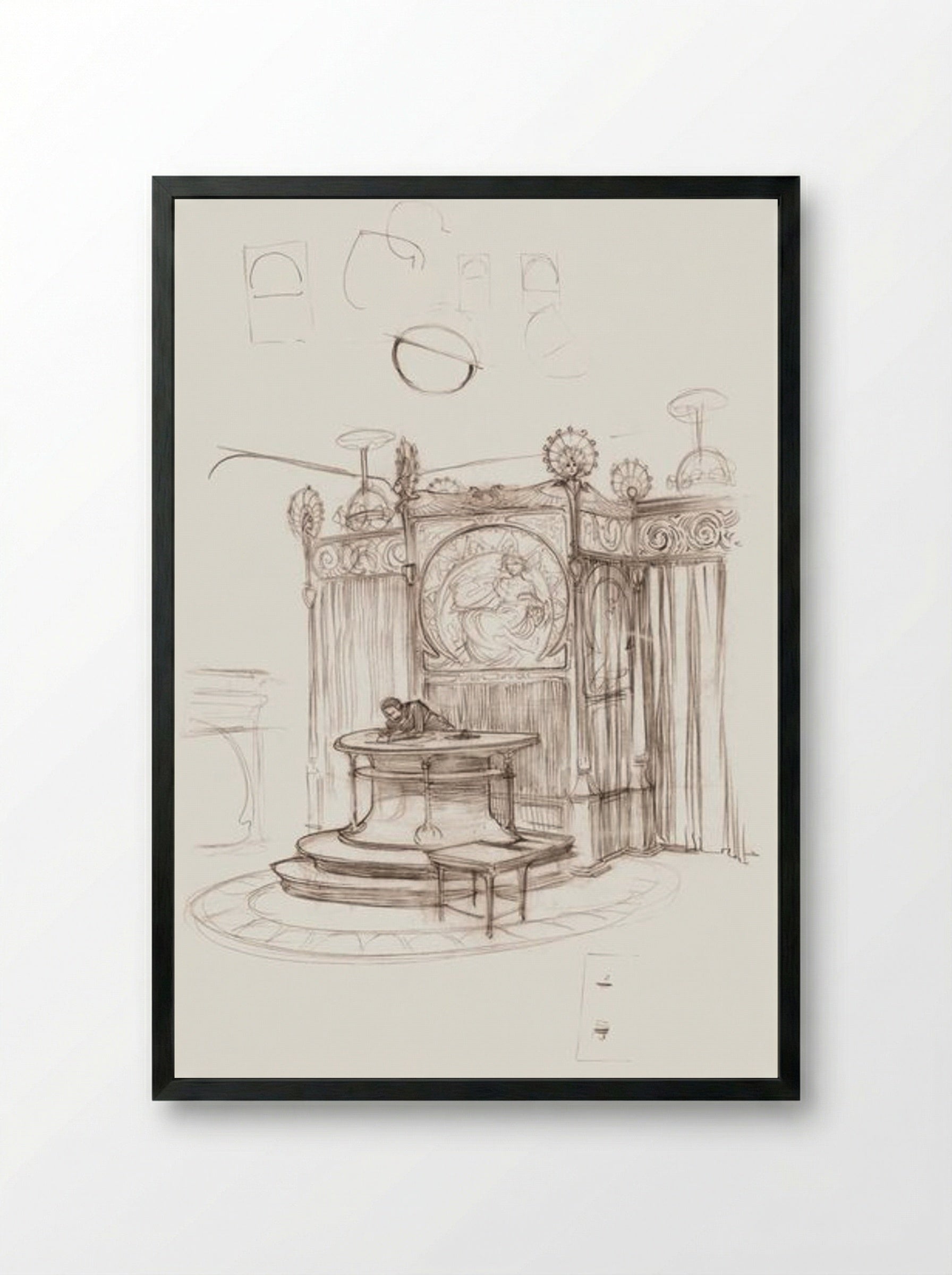 Sketch of an Office Interior - Alphonse Mucha - Framed Print Black