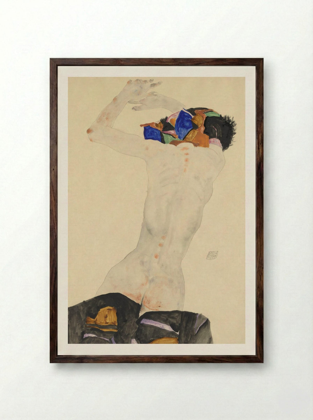 Reclining Nude with Colourful Cloth - Egon Schiele - Framed Print Dark Wood