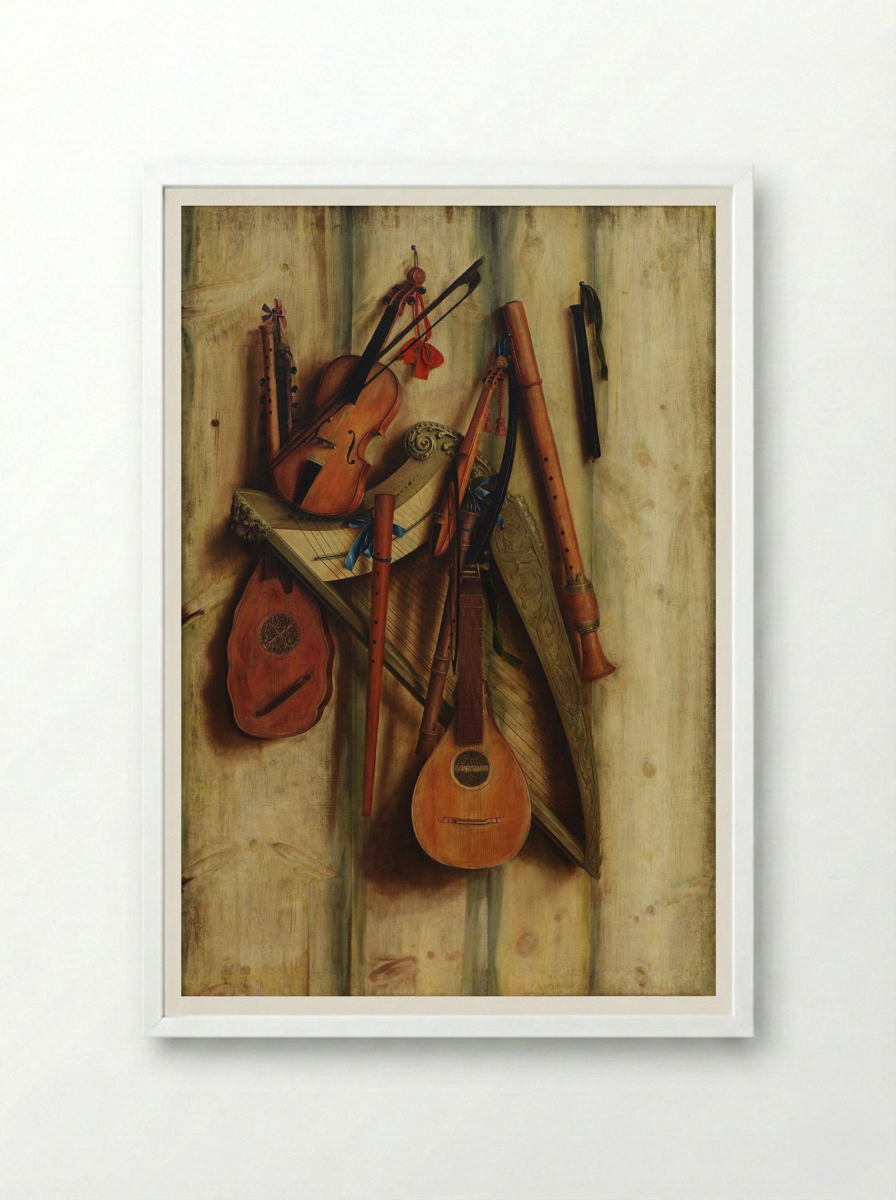 Board Wall with Musical Instruments (Trompe l'Oeil) - Franciscus Gijsbrechts - Framed Print White