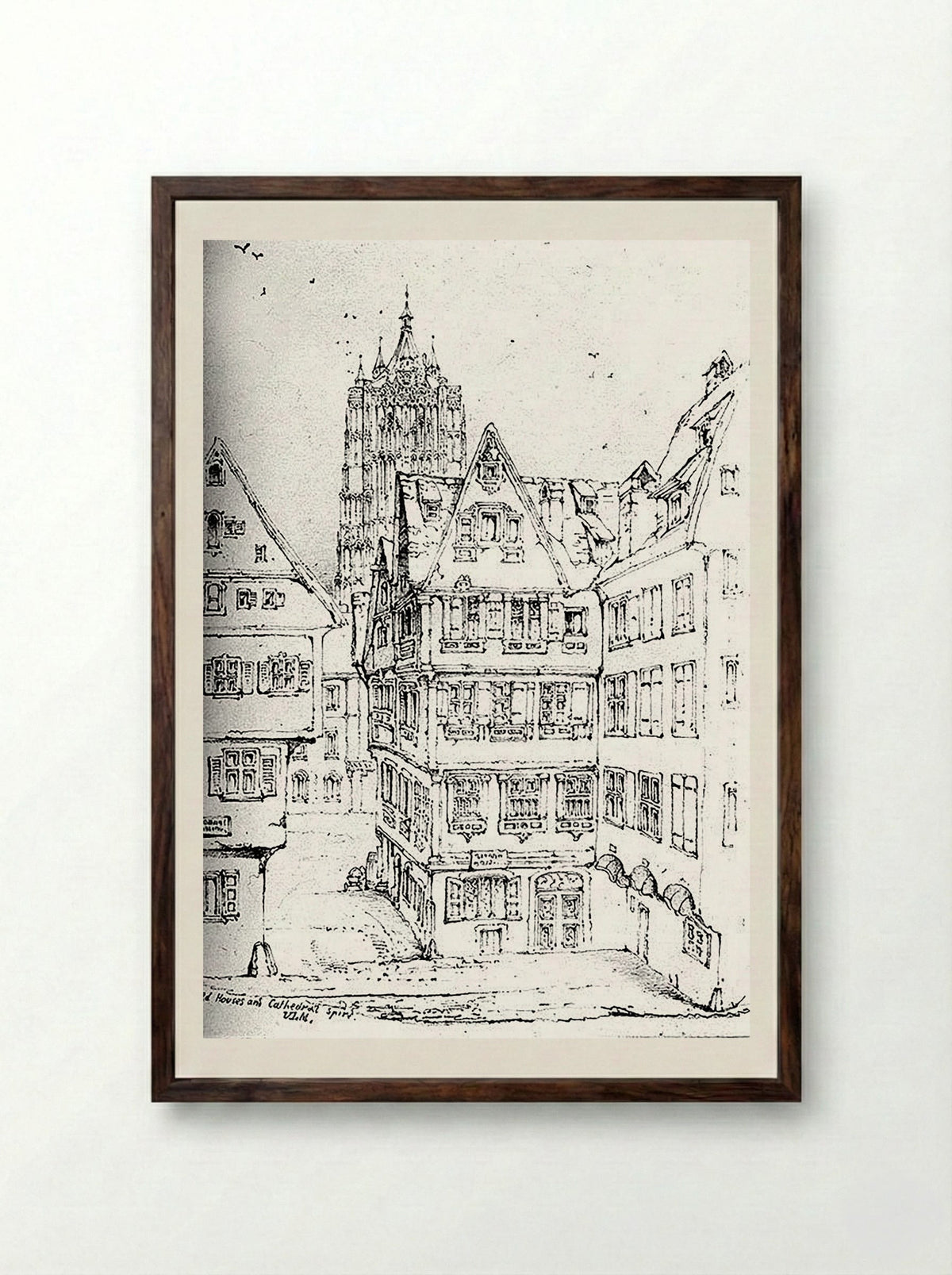 Houses and Cathedral Spire, Ulm - Walter M. Keesey - Framed Print Dark Wood
