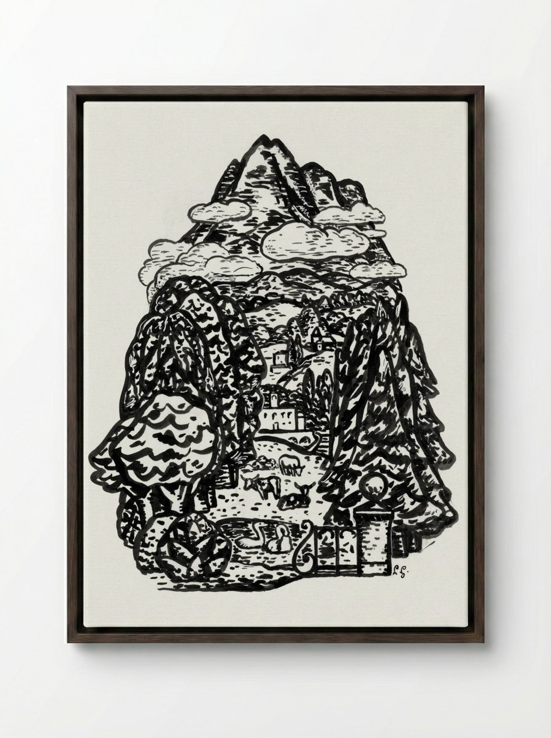 Mountain Landscape with Cows and Swans - Leo Gestel - Framed Canvas Dark Wood