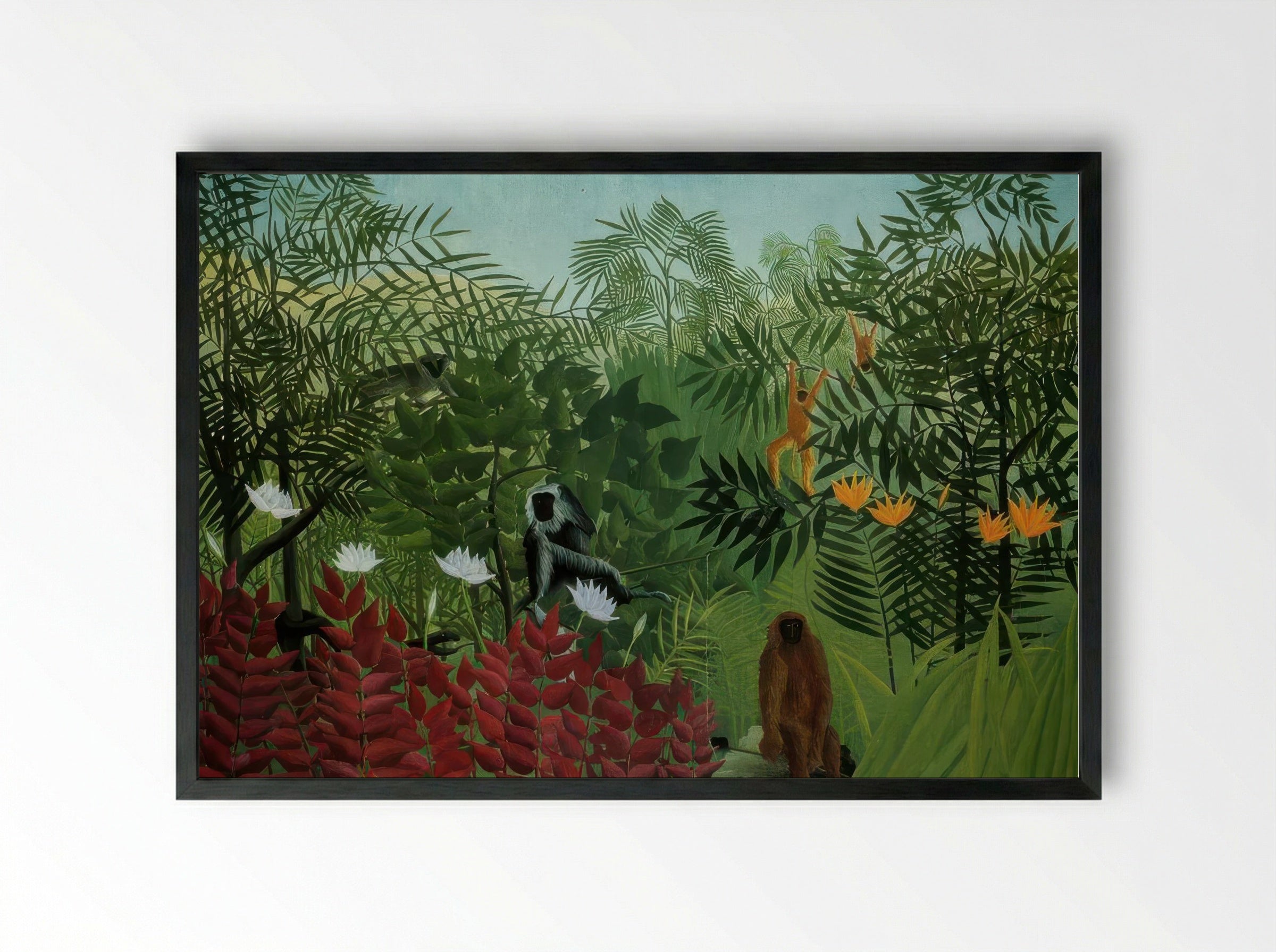 Tropical Forest with Apes and Snake by Henri Rousseau – Naïve Art Jungle Fantasy Print - Framed Print Black