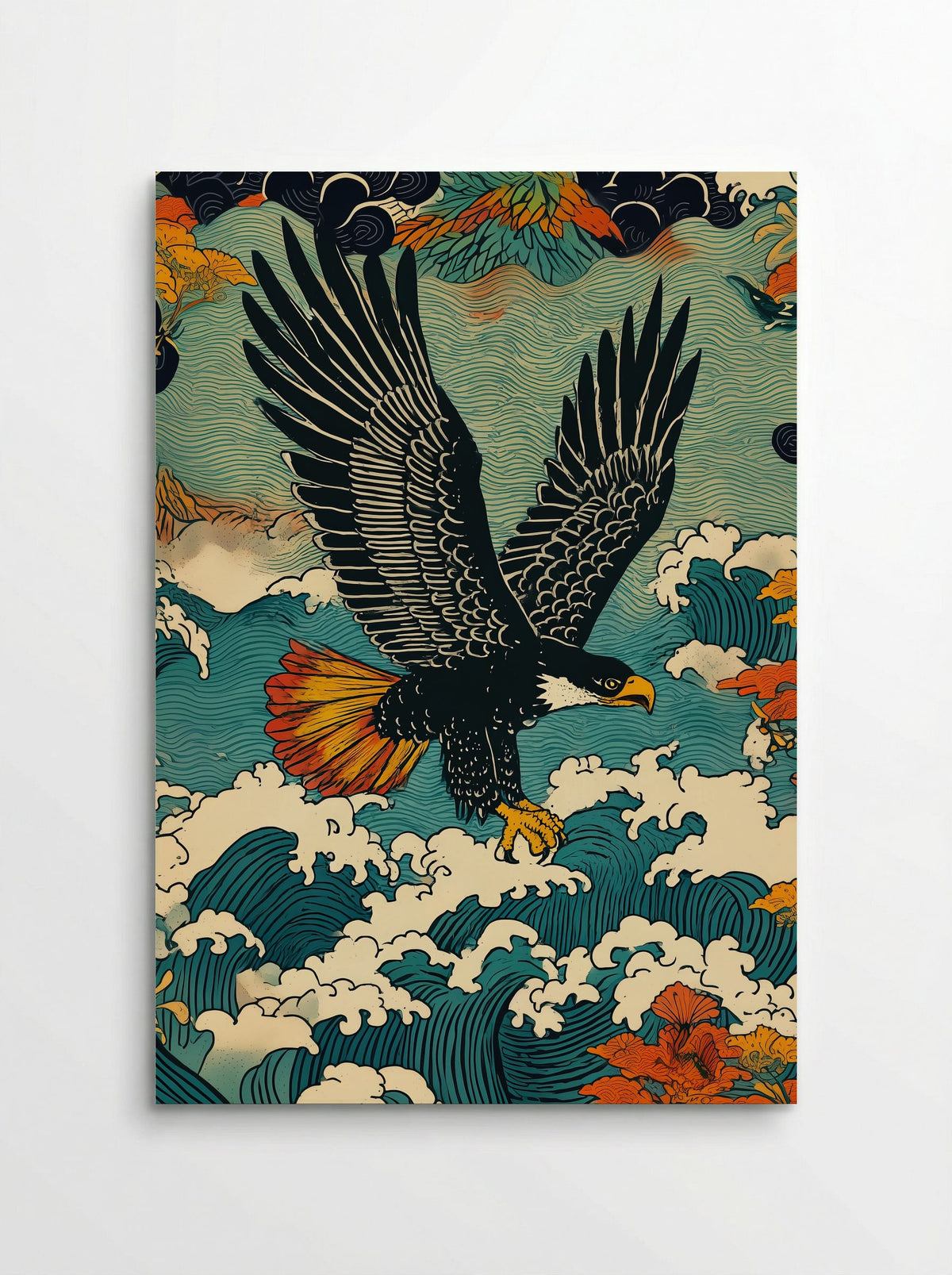 Eagle Above Waves and Blossoms - Japanese Tattoo Style Print - Poster