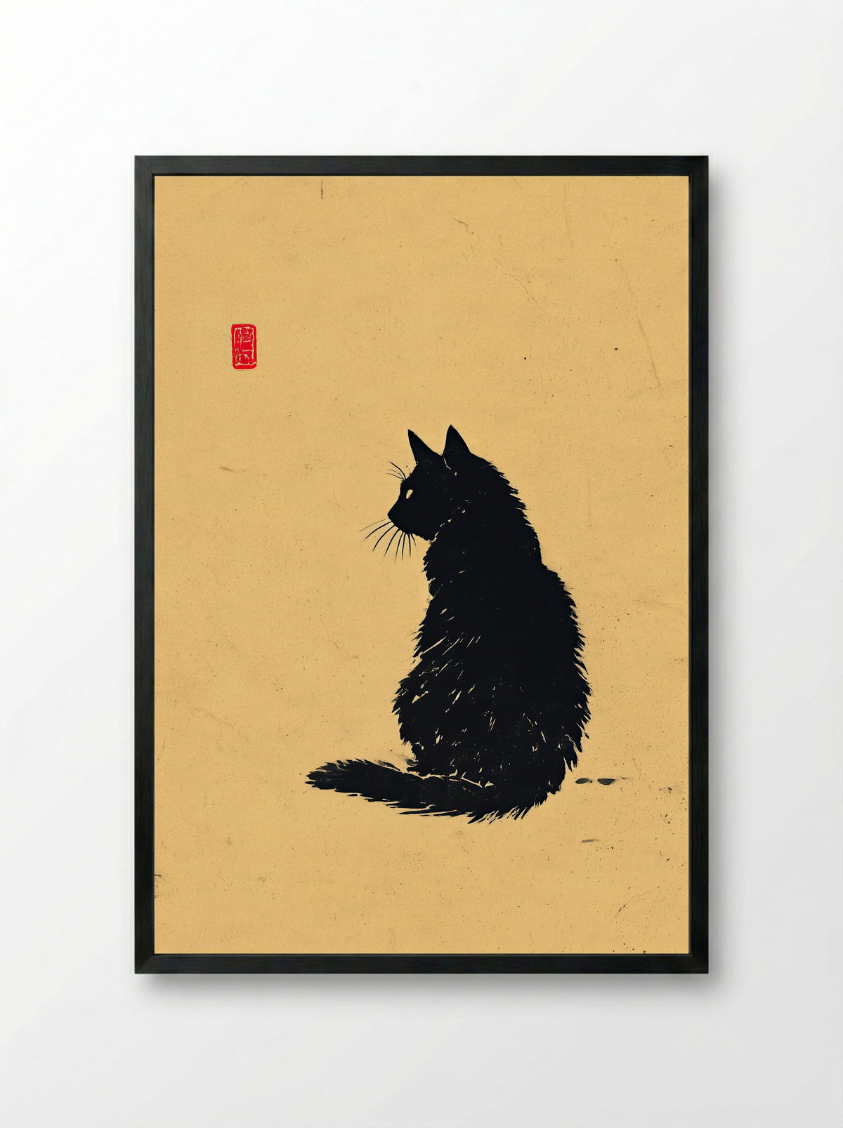 Sumi-e Black Cat – Minimalist Japanese Ink Art Print - Framed Print Black