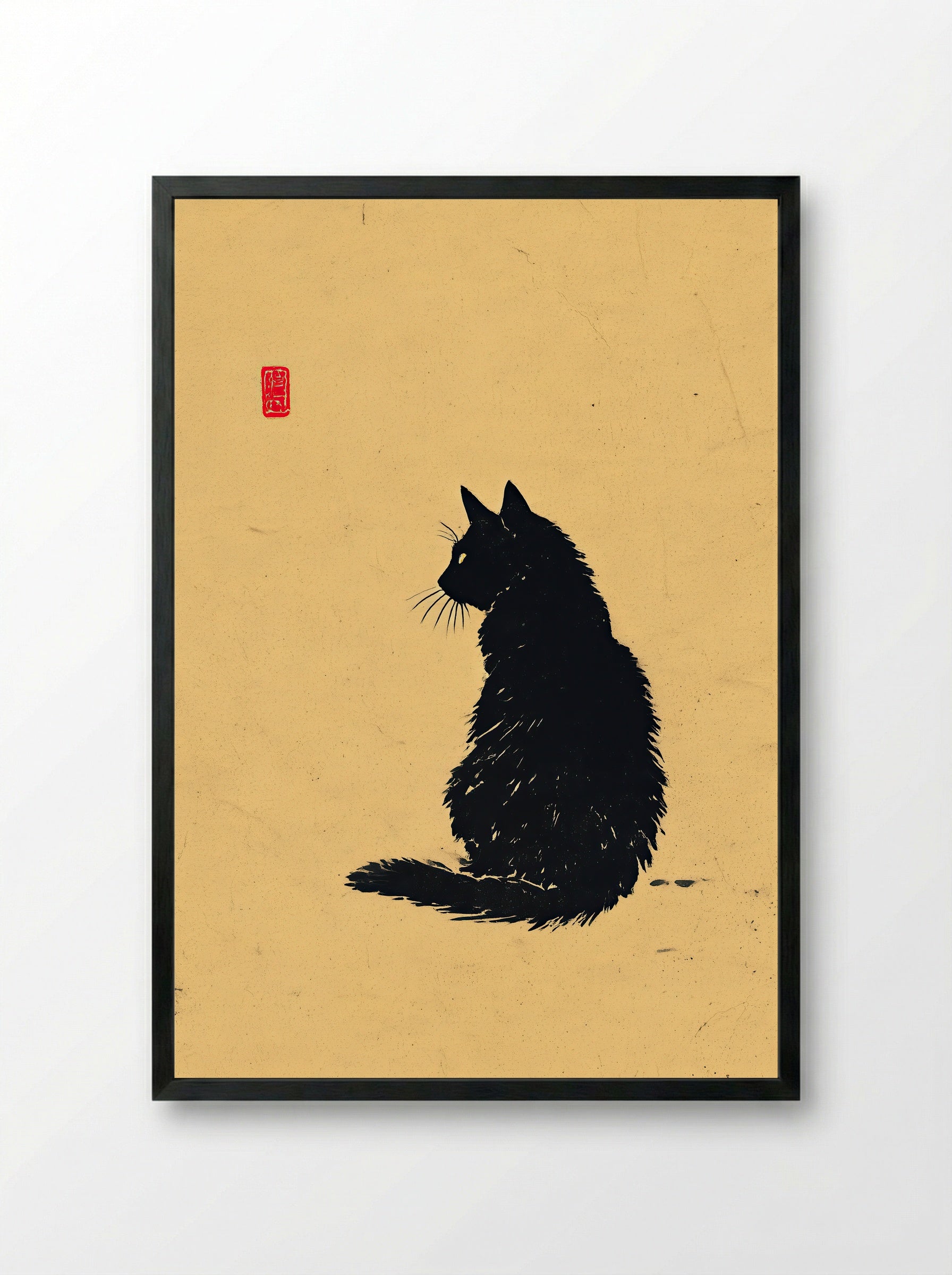 Sumi-e Black Cat – Minimalist Japanese Ink Art Print - Framed Print Black