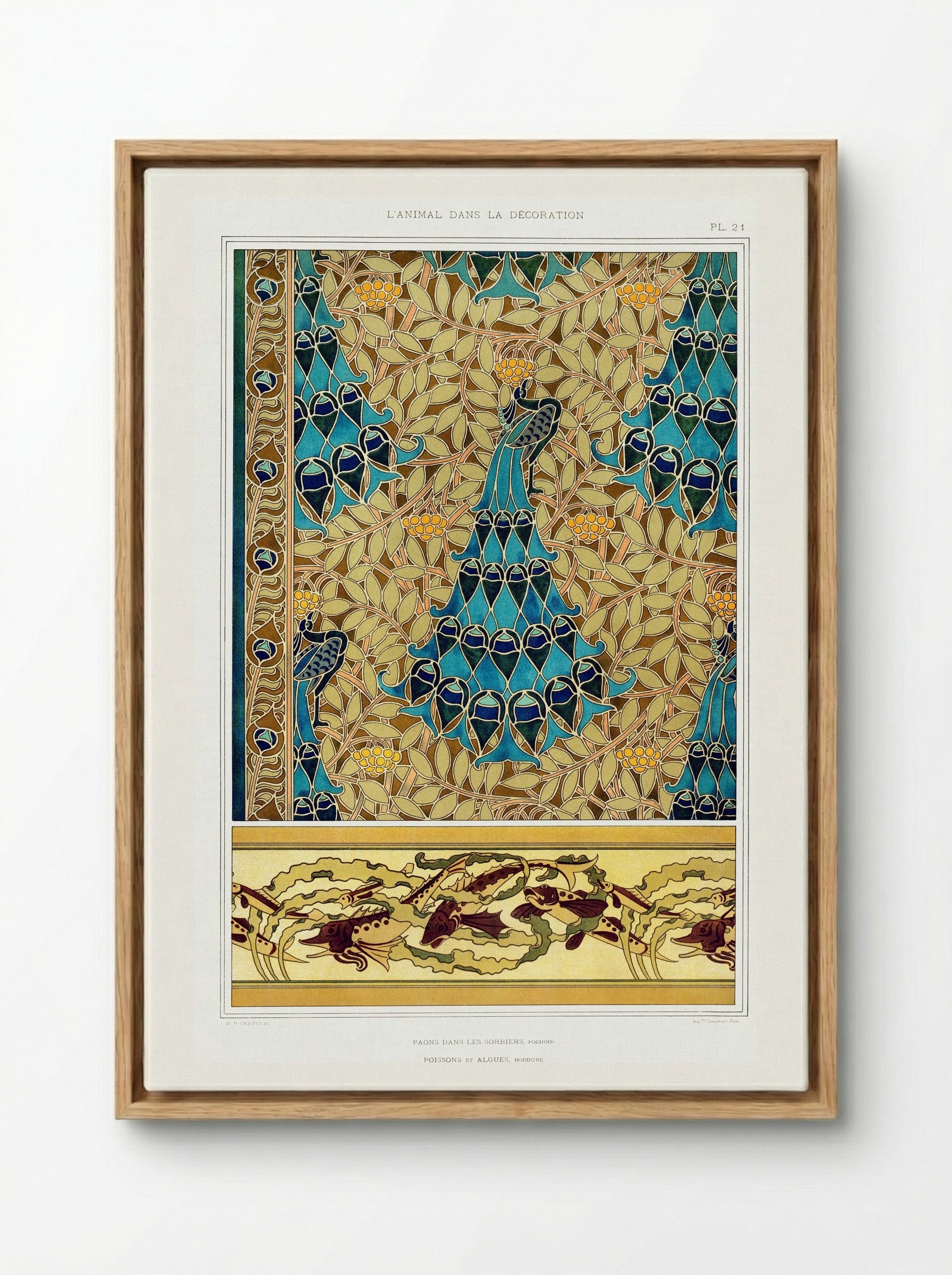 Paons dans les sorbiers, Pochoir; Poissons et algues, Bordure - Maurice Pillard Verneuil - Framed Canvas Wood