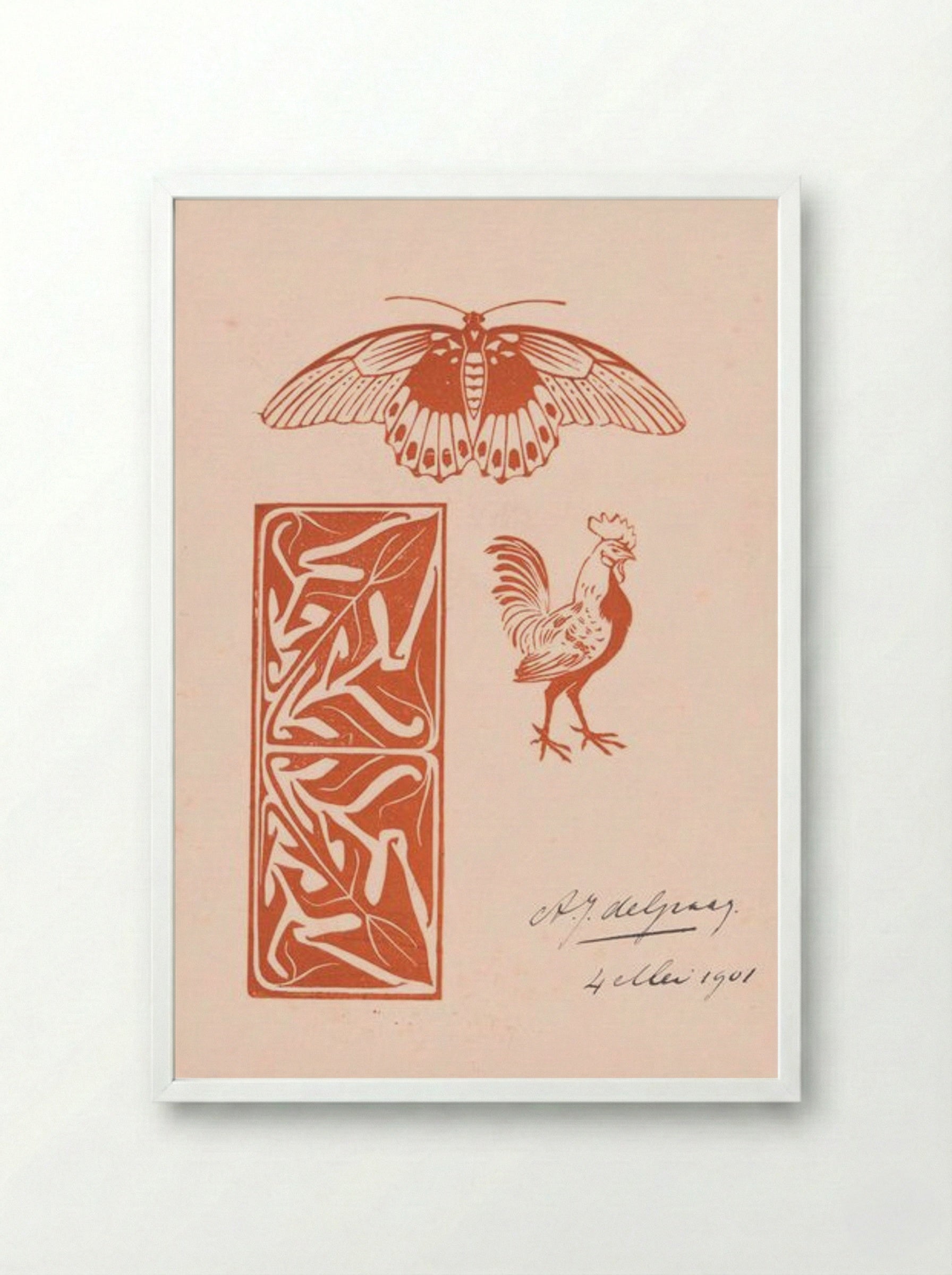 Butterfly, Rooster and Leaf Ornament - Julie de Graag - Framed Print White