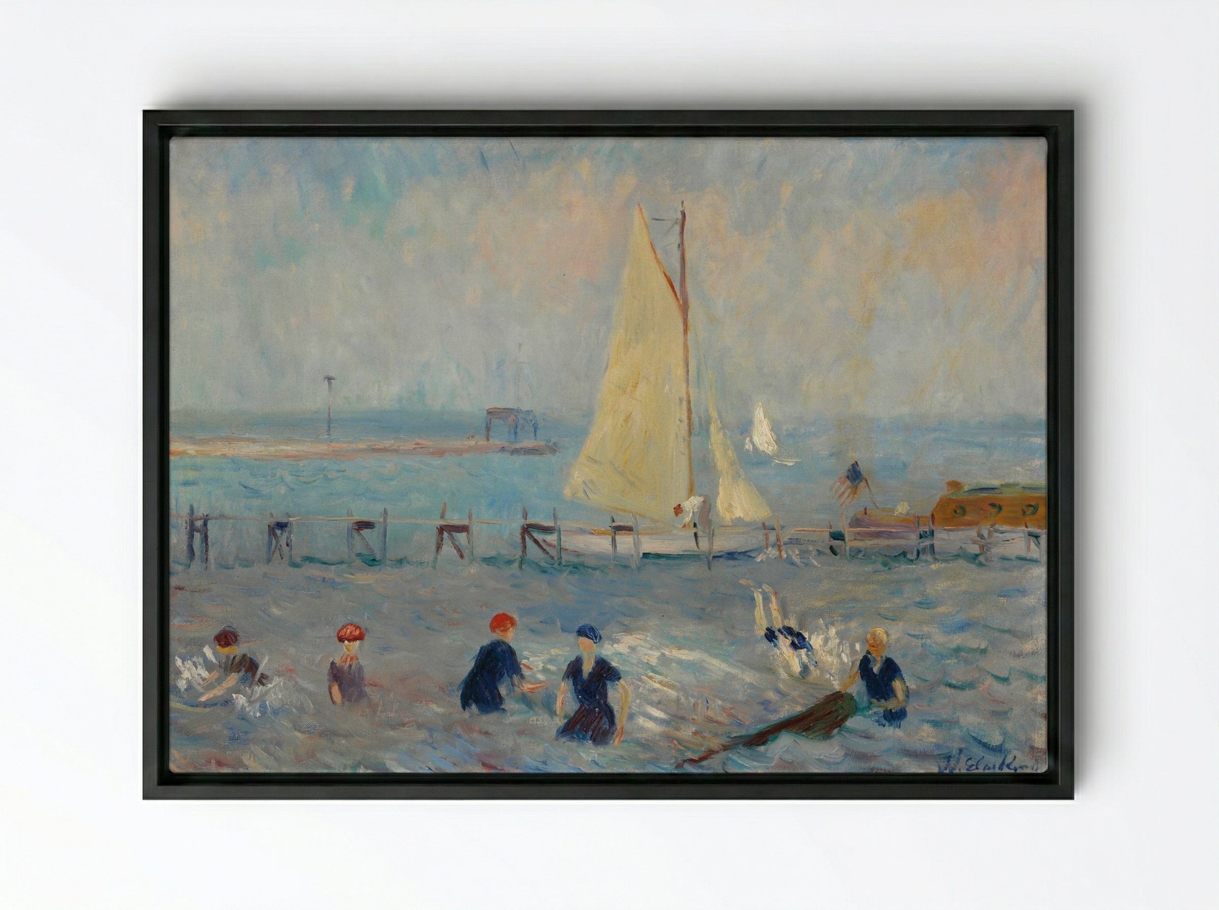 Seascape with Six Bathers, Bellport - William James Glackens - Framed Canvas Black