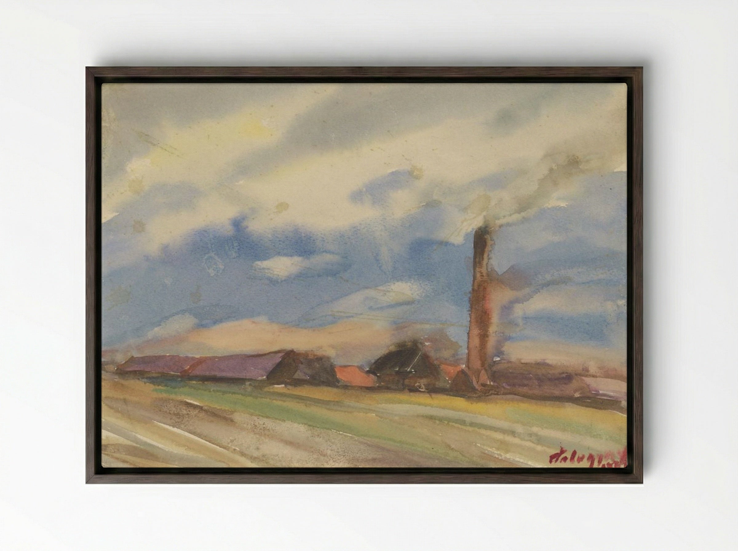 Brown Village, View from the Fields - Zolo Palugyay - Framed Canvas Dark Wood