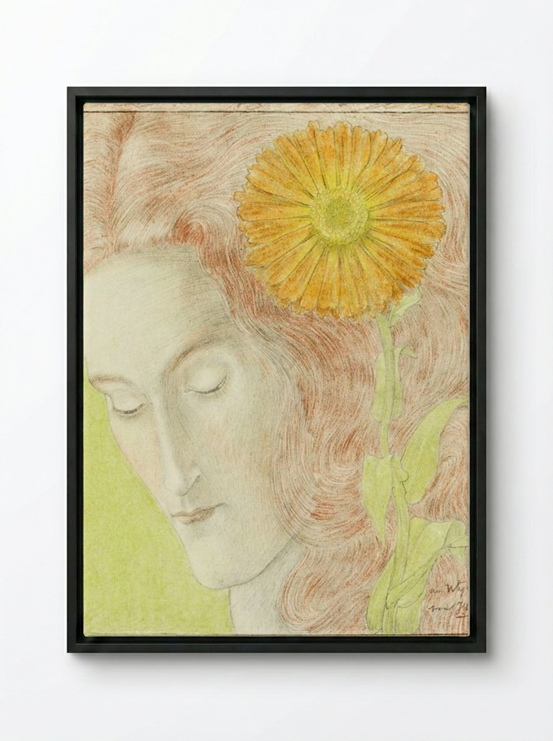 Woman's Head with Red Hair and Chrysanthemum - Jan Toorop - Framed Canvas Black