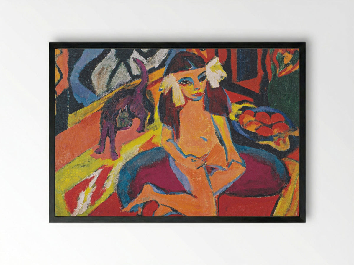 Girl with Cat (Franzi) - Ernst Ludwig Kirchner - Framed Print Black