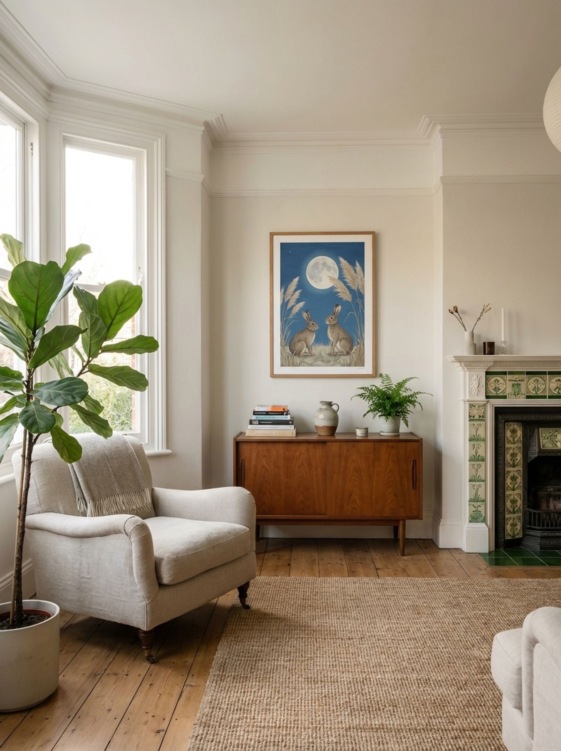 Untitled (Two Rabbits, Pampas Grass, and Full Moon) - Fine Art Print - Lifestyle