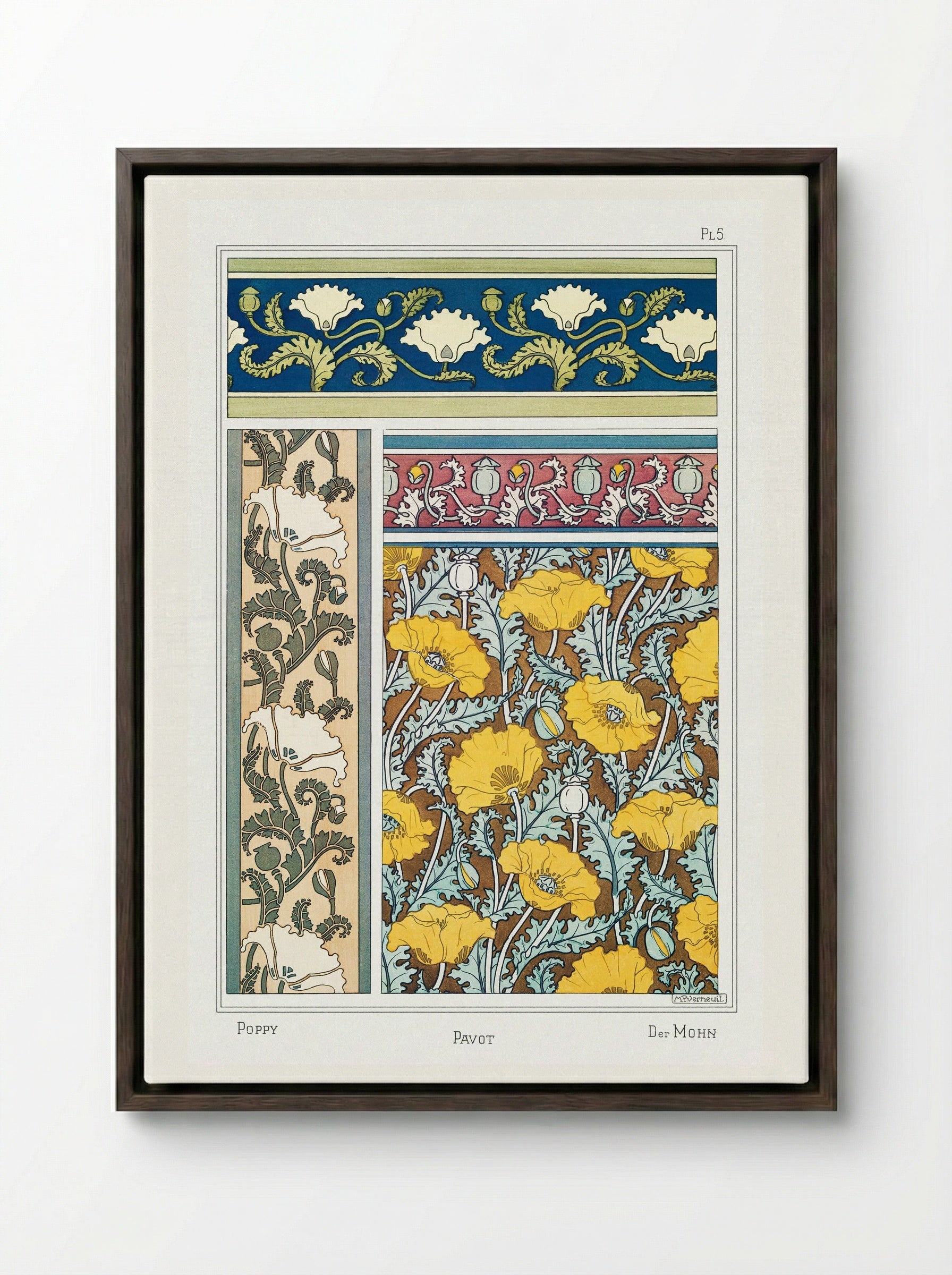 Pavot (Poppy) from La Plante et ses Applications ornementales - Maurice Pillard Verneuil - Framed Canvas Dark Wood