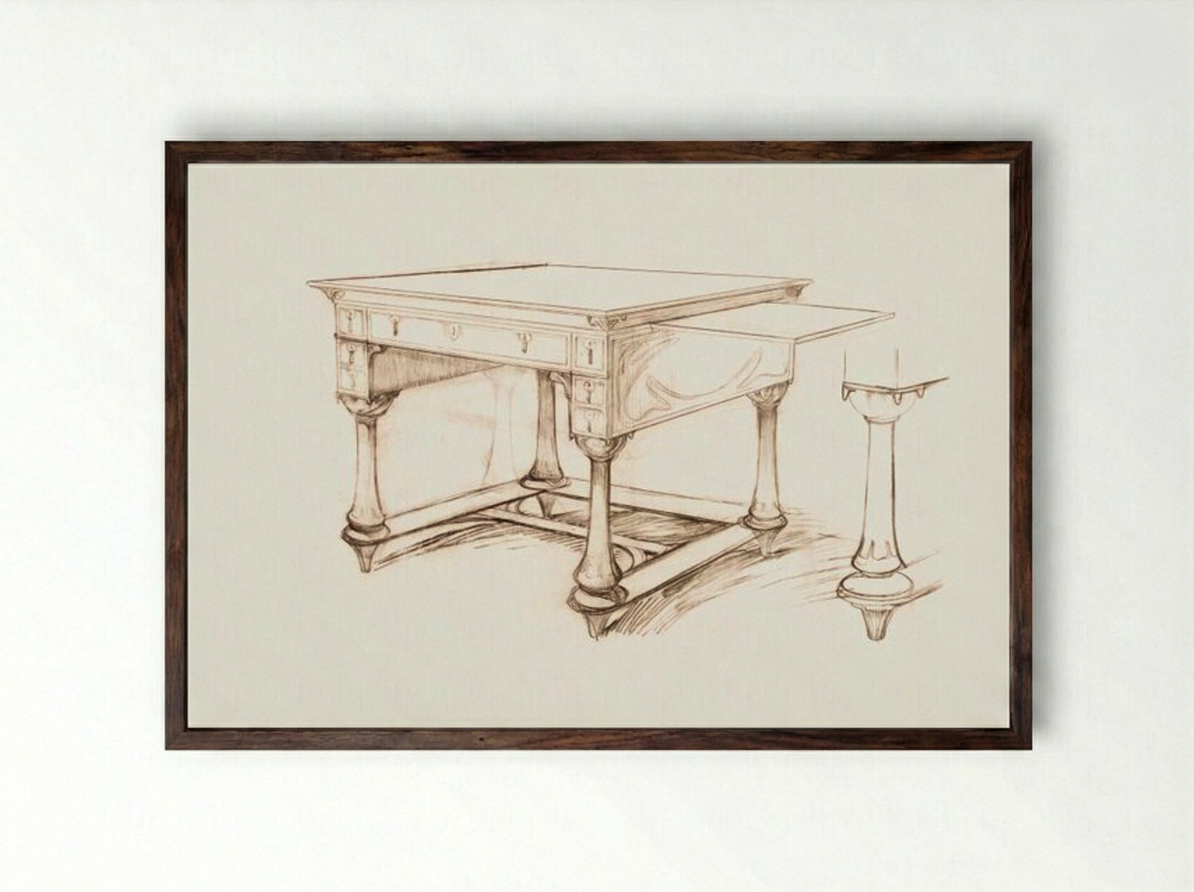 Project of an Office Table - Alphonse Mucha - Framed Print Dark Wood