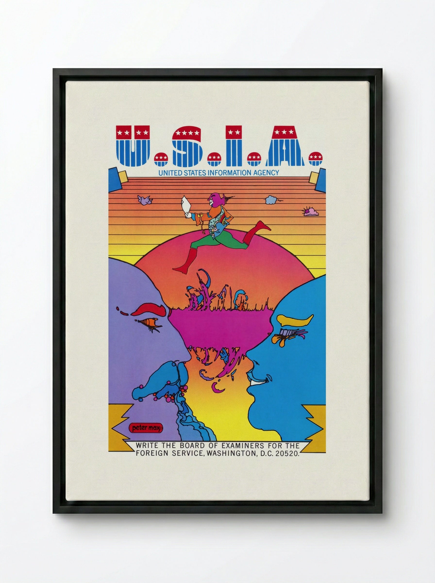 U.S.I.A. United States Information Agency Poster - Peter Max - Framed Canvas Black