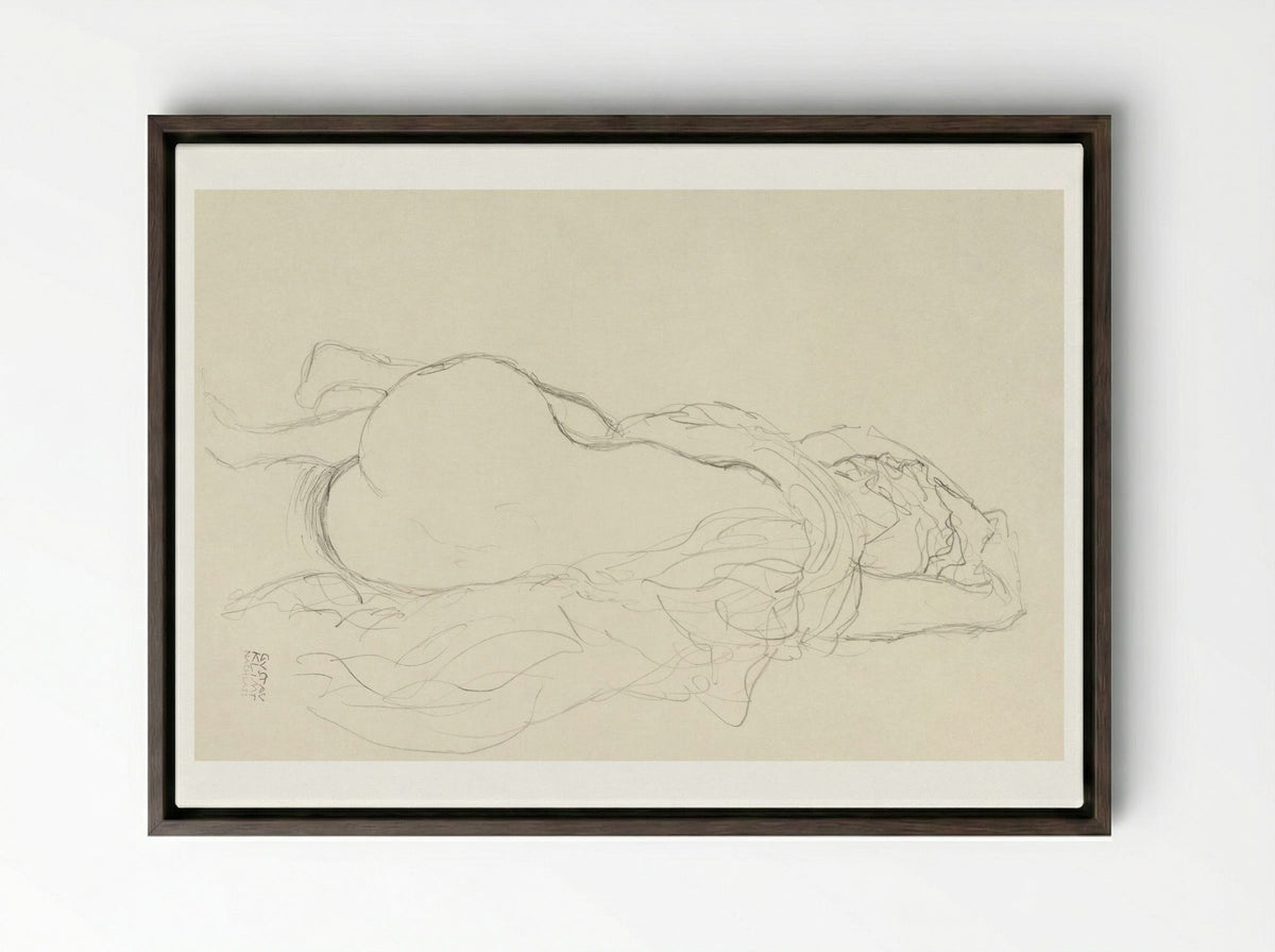 Reclining Nude with Drapery, Back View - Gustav Klimt - Framed Canvas Dark Wood