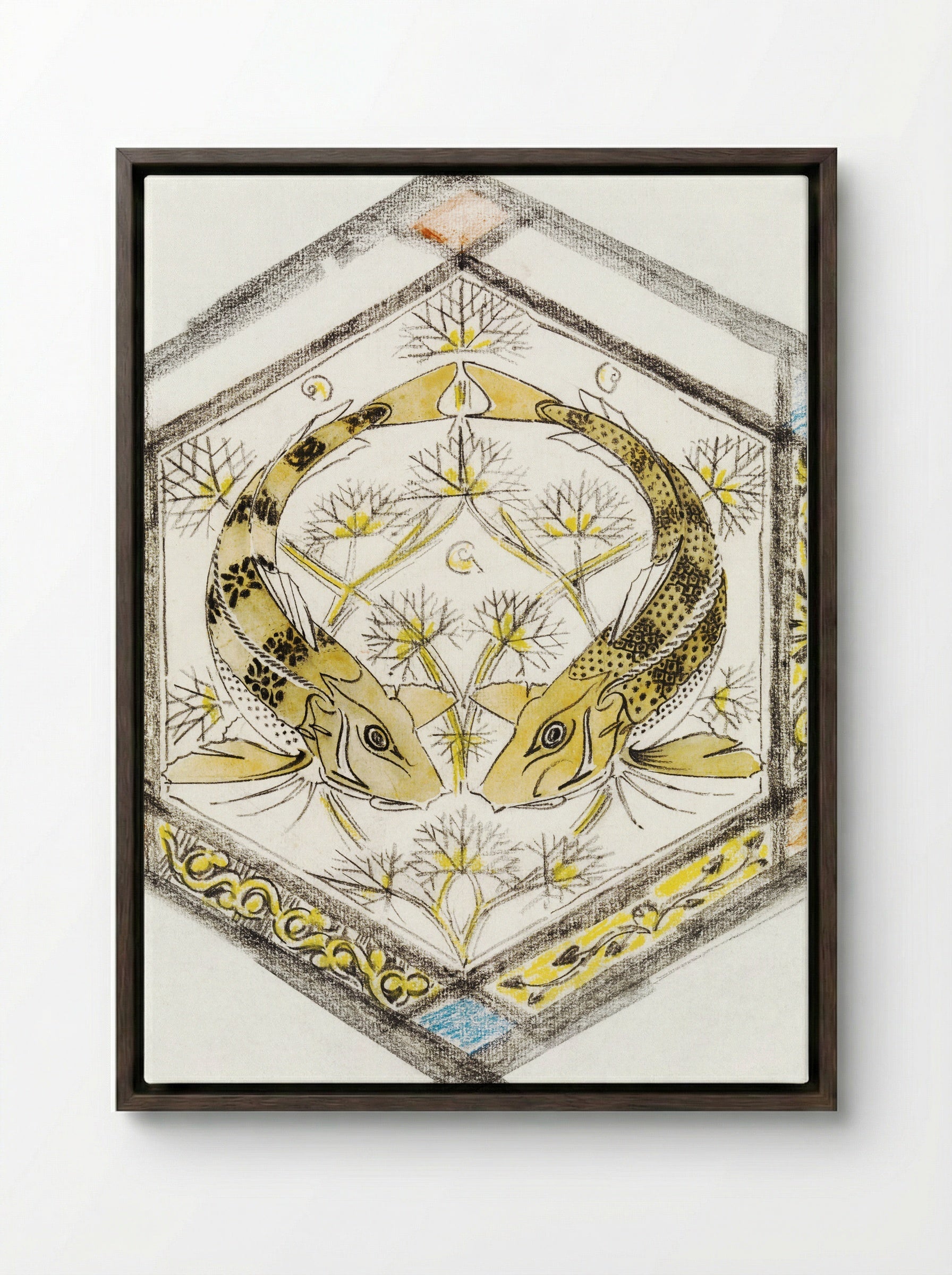 Decorative Design with Two Fish in a Hexagon - Gerrit Willem Dijsselhof - Framed Canvas Dark Wood