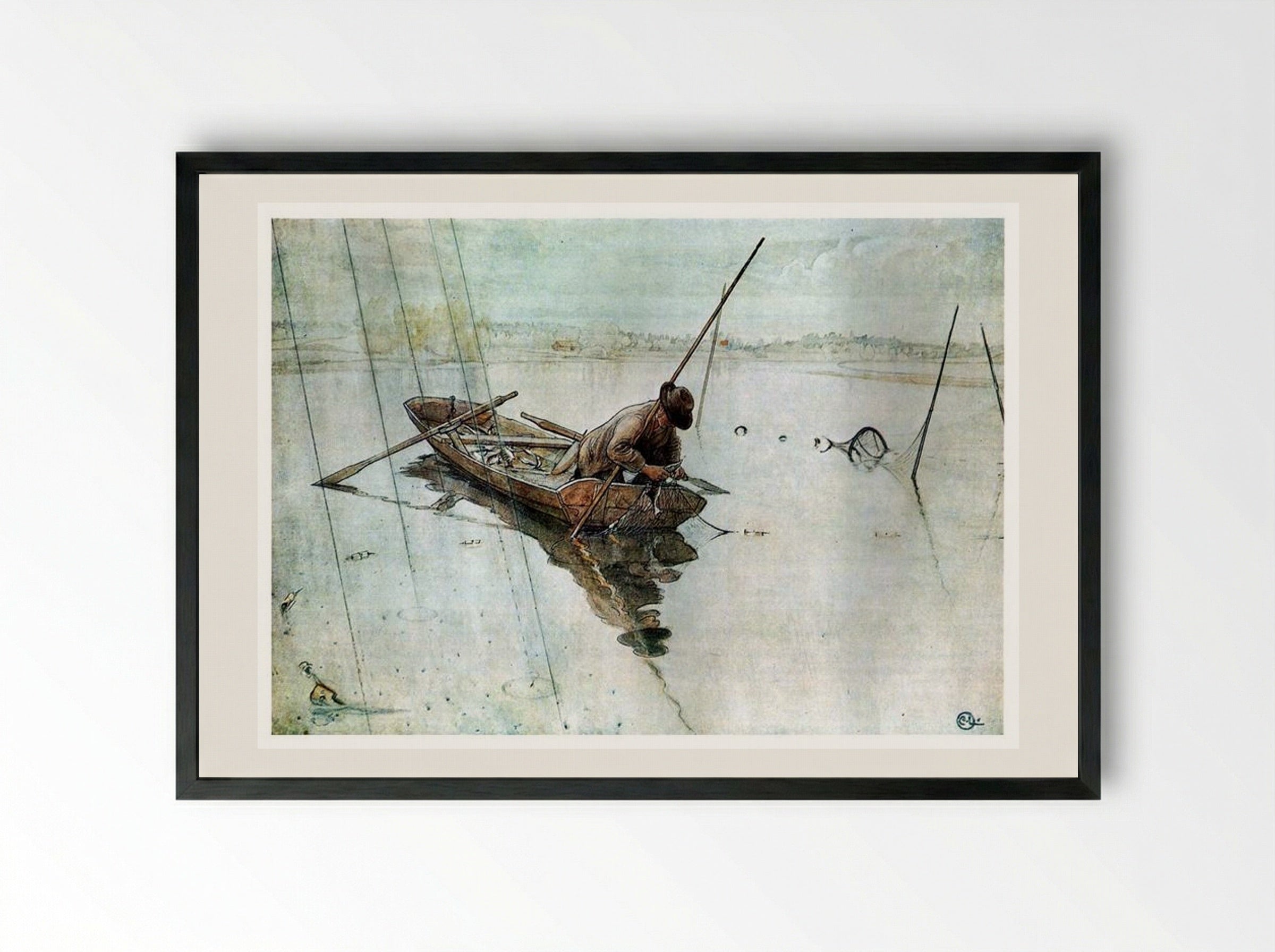 Fishing - Carl Larsson - Framed Print Black